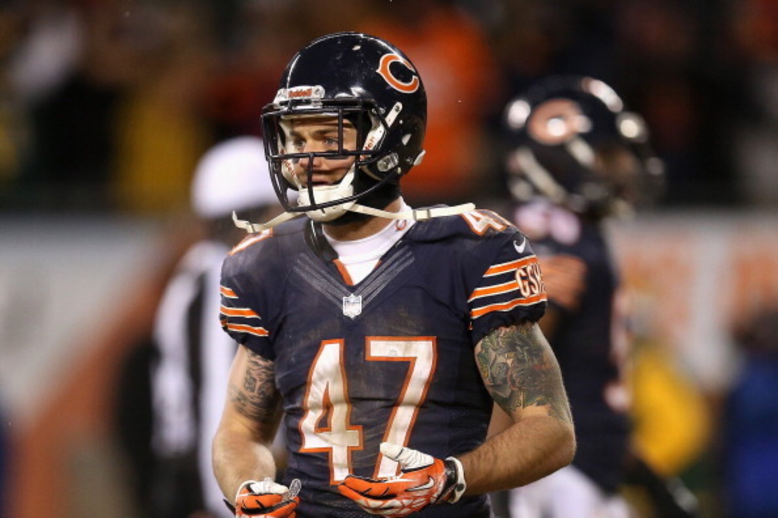 CHICAGO, IL - DECEMBER 29: Chris Conte #47 of the Chicago Bears looks back at the bench after the Green Bay Packers scored the winning touchdown at Soldier Field on December 29, 2013 in Chicago, Illinois. The Packers defeated the Bears 33-28. (Photo by Jo