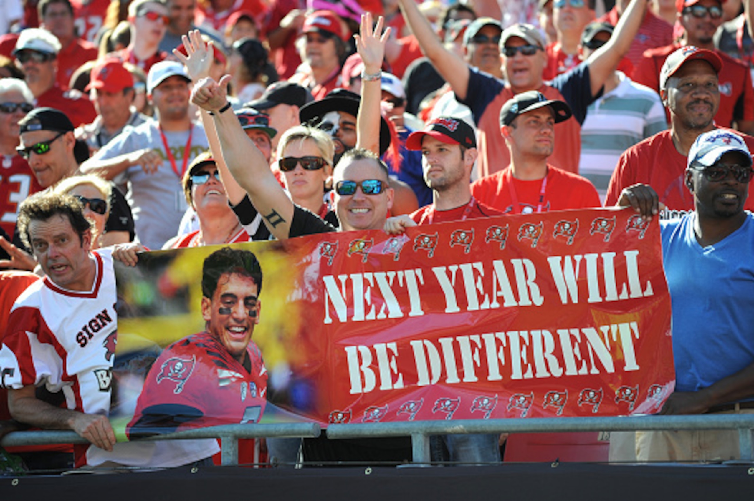 TAMPA, FL - DECEMBER 28: Tampa Bay Buccaneers fans look ahead to next years season after a loss to the New Orleans Saints at Raymond James Stadium on December 28, 2014 in Tampa, Florida. (Photo by Cliff McBride/Getty Images)