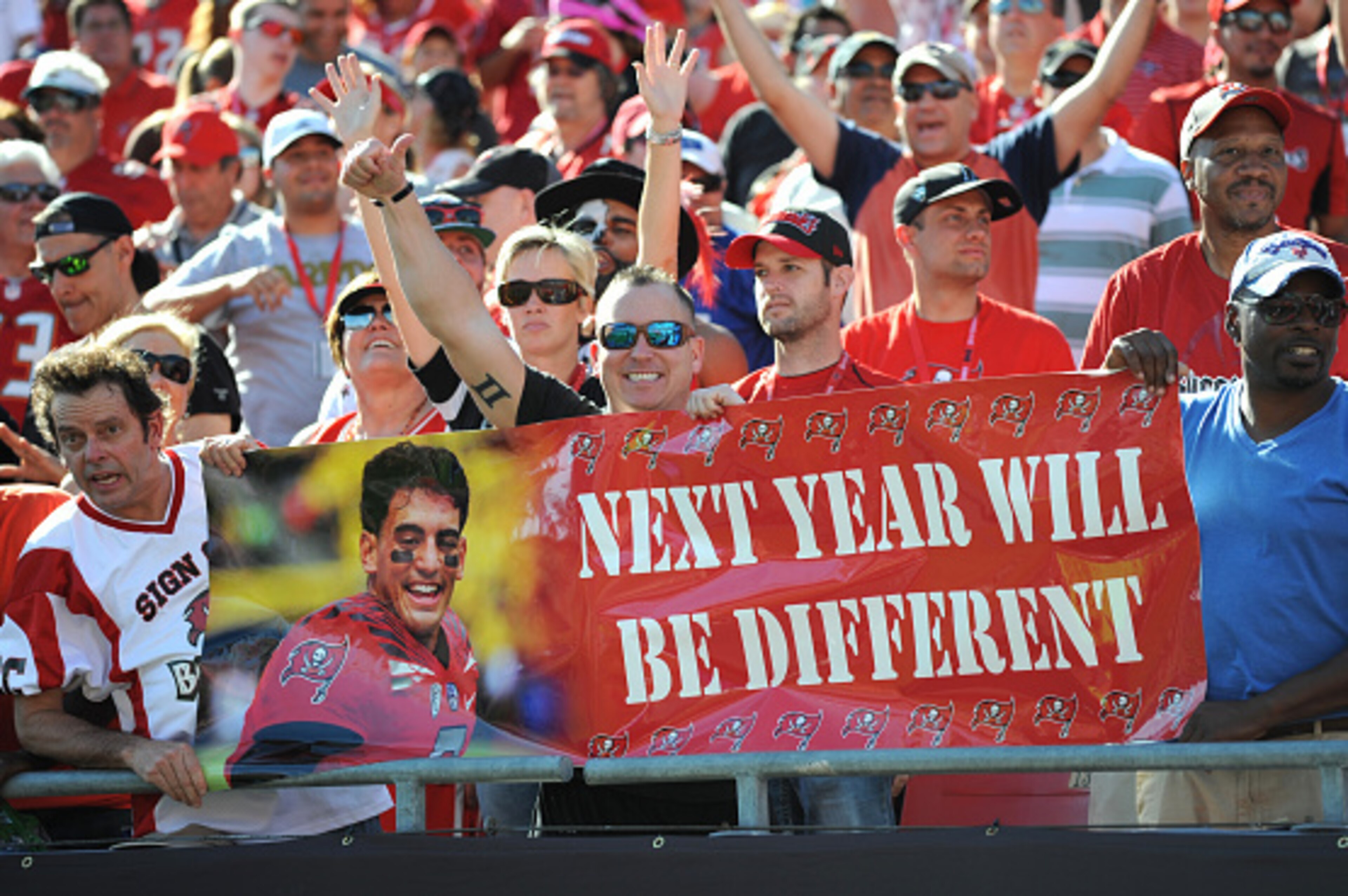 TAMPA, FL - DECEMBER 28: Tampa Bay Buccaneers fans look ahead to next years season after a loss to the New Orleans Saints at Raymond James Stadium on December 28, 2014 in Tampa, Florida. (Photo by Cliff McBride/Getty Images)