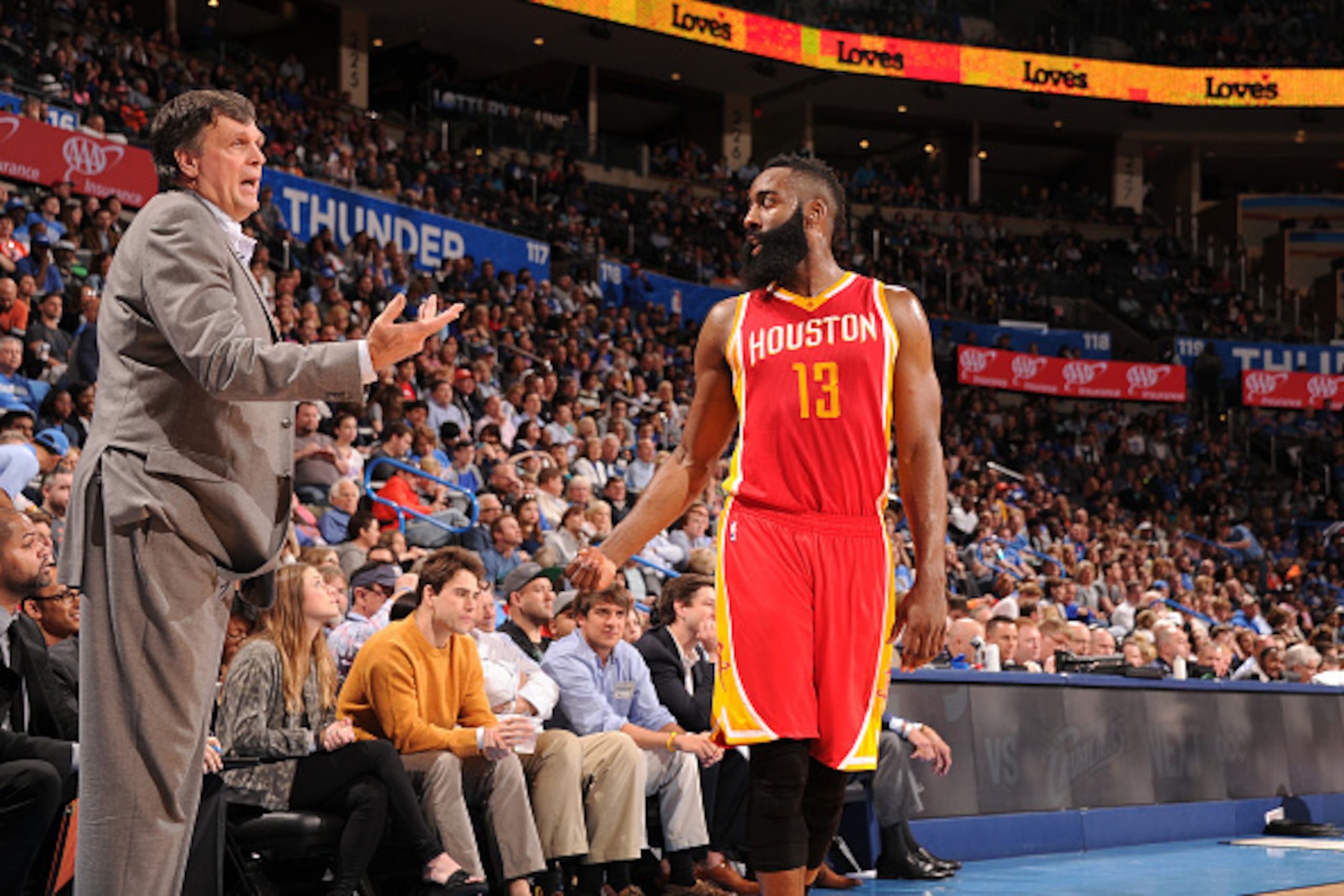OKLAHOMA CITY, OK- APRIL 5:  Head coach Kevin McHale talks with James Harden #13 of the Houston Rockets during the game against the Oklahoma City Thunder on April 5, 2015 at Chesapeake Energy Arena in Oklahoma City, Oklahoma. NOTE TO USER: User expressly 