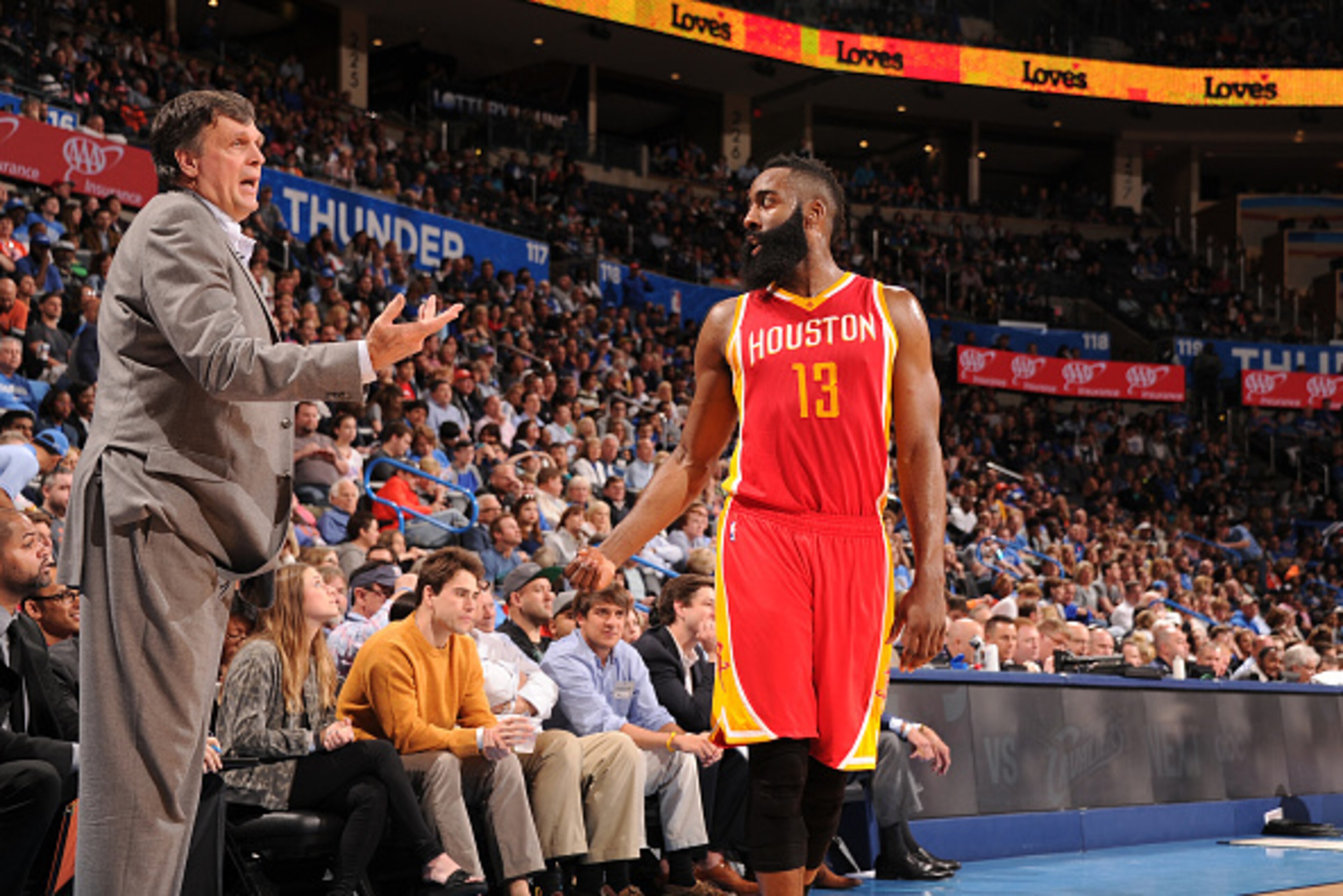 OKLAHOMA CITY, OK- APRIL 5:  Head coach Kevin McHale talks with James Harden #13 of the Houston Rockets during the game against the Oklahoma City Thunder on April 5, 2015 at Chesapeake Energy Arena in Oklahoma City, Oklahoma. NOTE TO USER: User expressly 