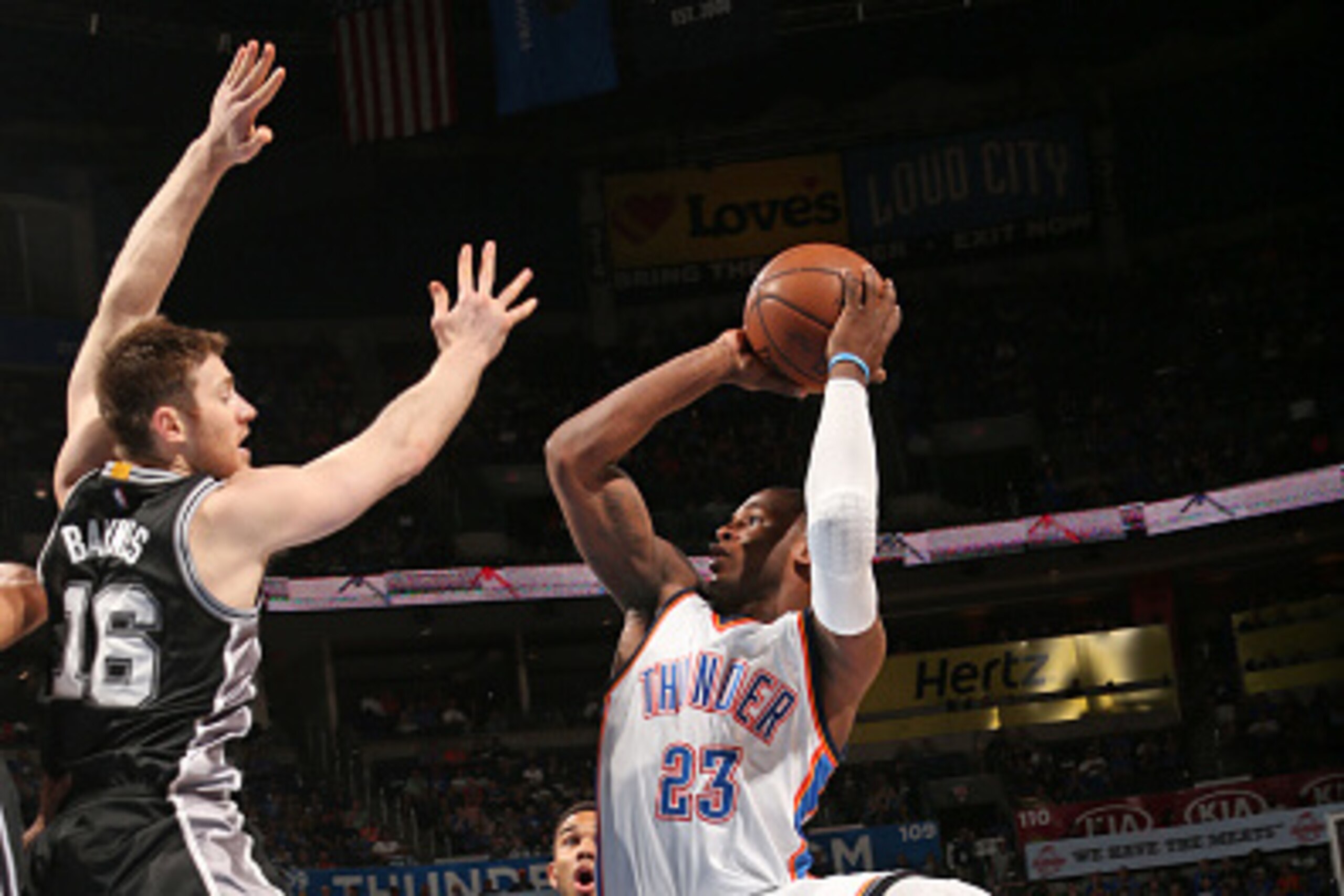 OKLAHOMA CITY, OK- APRIL 7:  Dion Waiters #23 of the Oklahoma City Thunder shoots the ball against the San Antonio Spurs on April 7, 2015 at Chesapeake Energy Arena in Oklahoma City, Oklahoma. NOTE TO USER: User expressly acknowledges and agrees that, by 