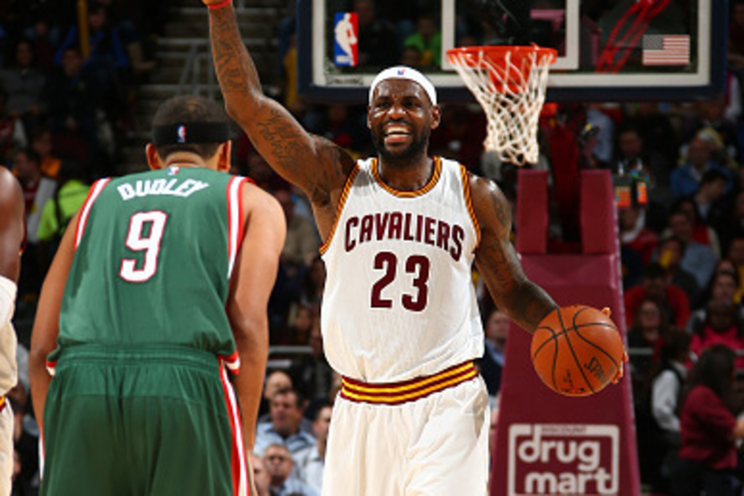 BROOKLYN, NY - DECEMBER 2: LeBron James #23 of the Cleveland Cavaliers calls a play during a game against the Milwaukee Bucks at Barclays Center in Brooklyn, NY. NOTE TO USER: User expressly acknowledges and agrees that, by downloading and or using this p