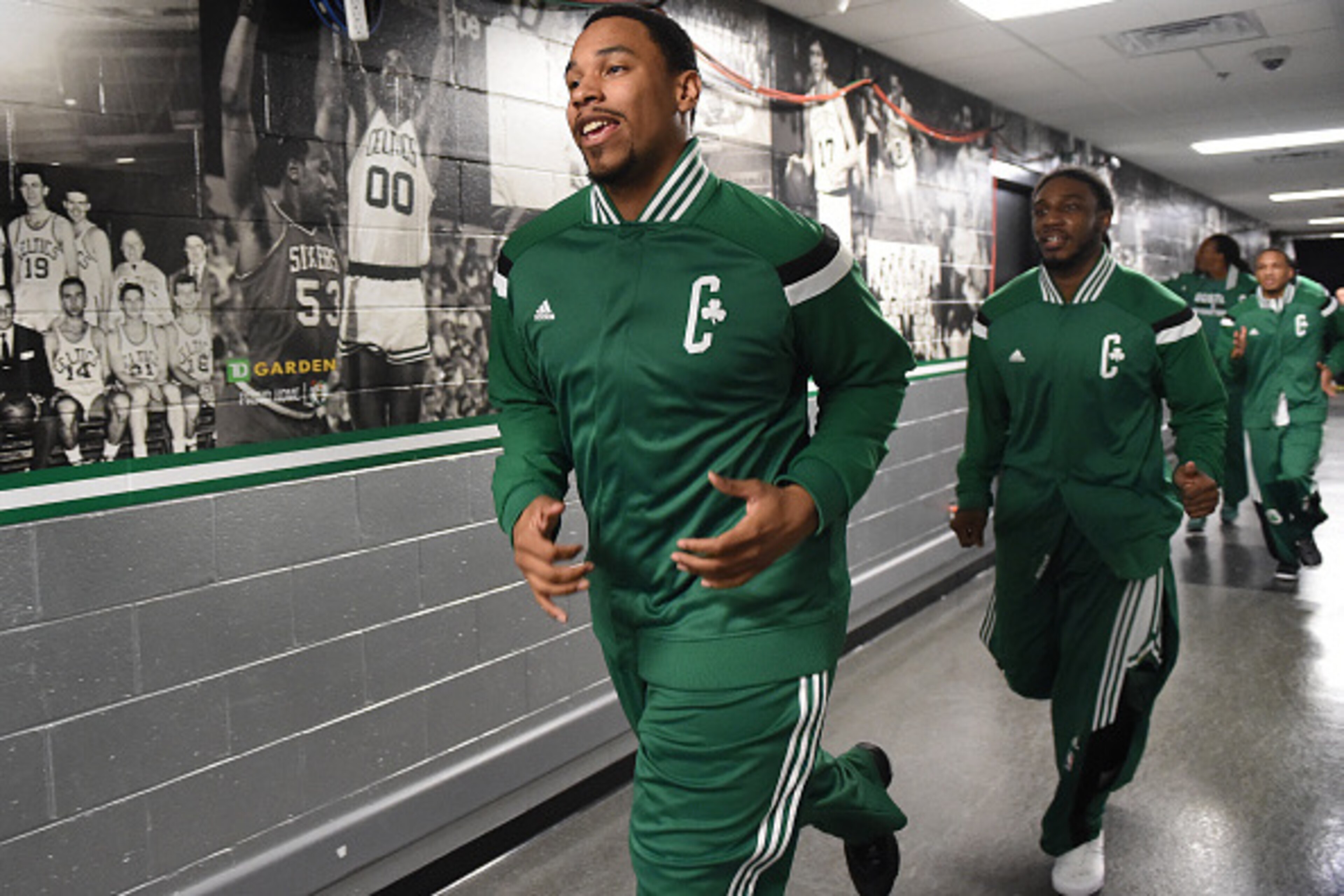 BOSTON, MA - APRIL 3: Jared Sullinger #7 of the Boston Celtics runs to the court before a game against the Milwaukee Bucks on April 3, 2015 at TD Garden in Boston, Massachusetts.  NOTE TO USER: User expressly acknowledges and agrees that, by downloading a