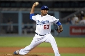 Sep 9, 2014; Los Angeles, CA, USA; Los Angeles Dodgers reliever Yimi Garcia (63) delivers a pitch against the San Diego Padres at Dodger Stadium. Mandatory Credit: Kirby Lee-USA TODAY Sports