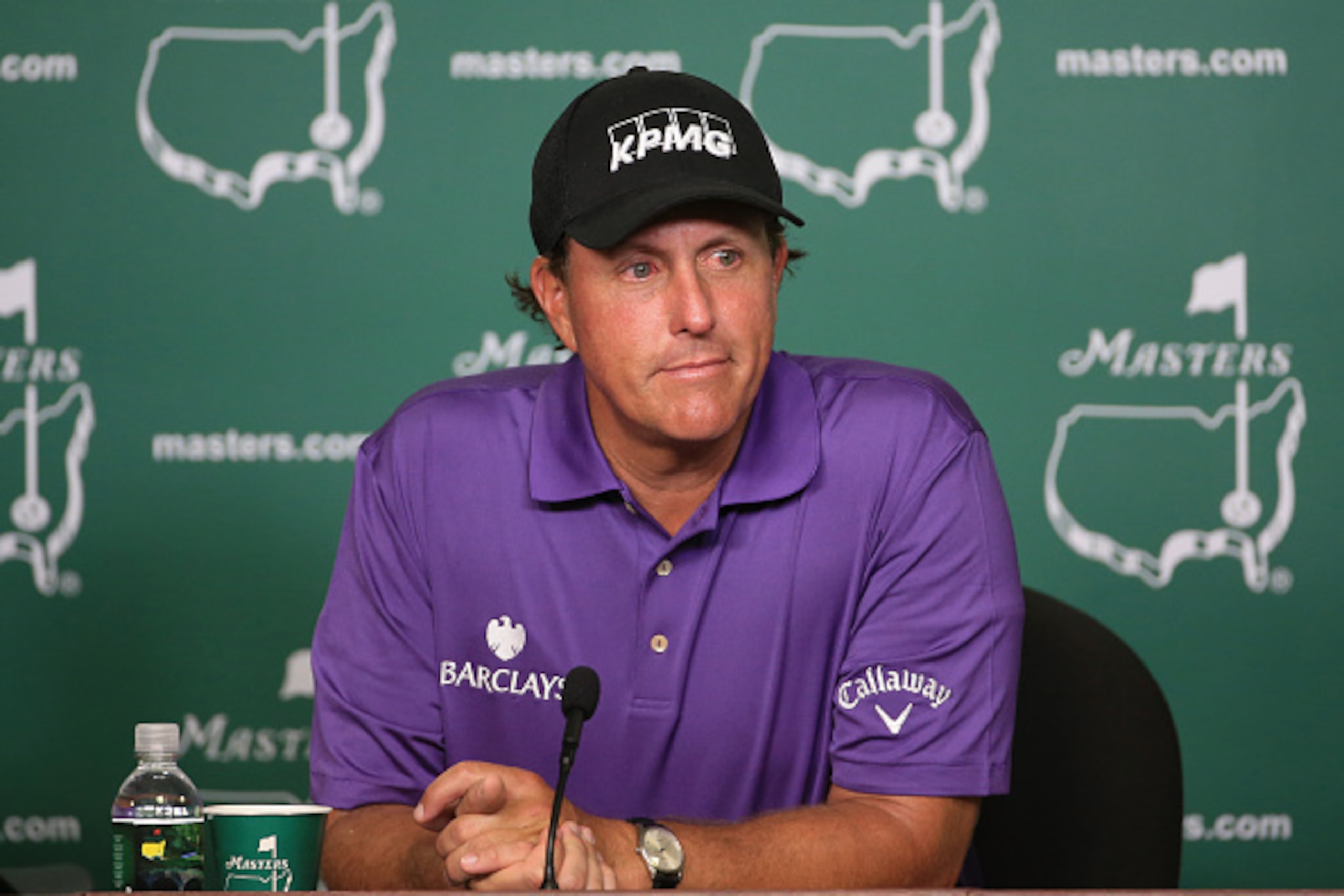 AUGUSTA, GA - APRIL 07:  Phil Mickelson of the United States speaks to the media during a practice round prior to the start of the 2015 Masters Tournament at Augusta National Golf Club on April 7, 2015 in Augusta, Georgia.  (Photo by David Cannon/Getty Im