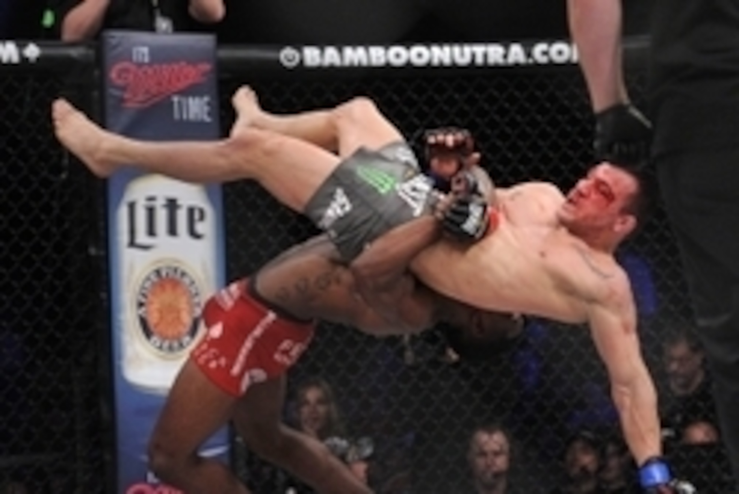May 17, 2014; Southaven, MS, USA; Will Brooks fights against Michael Chandler during a Bellator interim lightweight world championship bout during BFC 120 at Landers Center. Will Brooks defeats Michael Chandler by submission. Mandatory Credit: Justin Ford