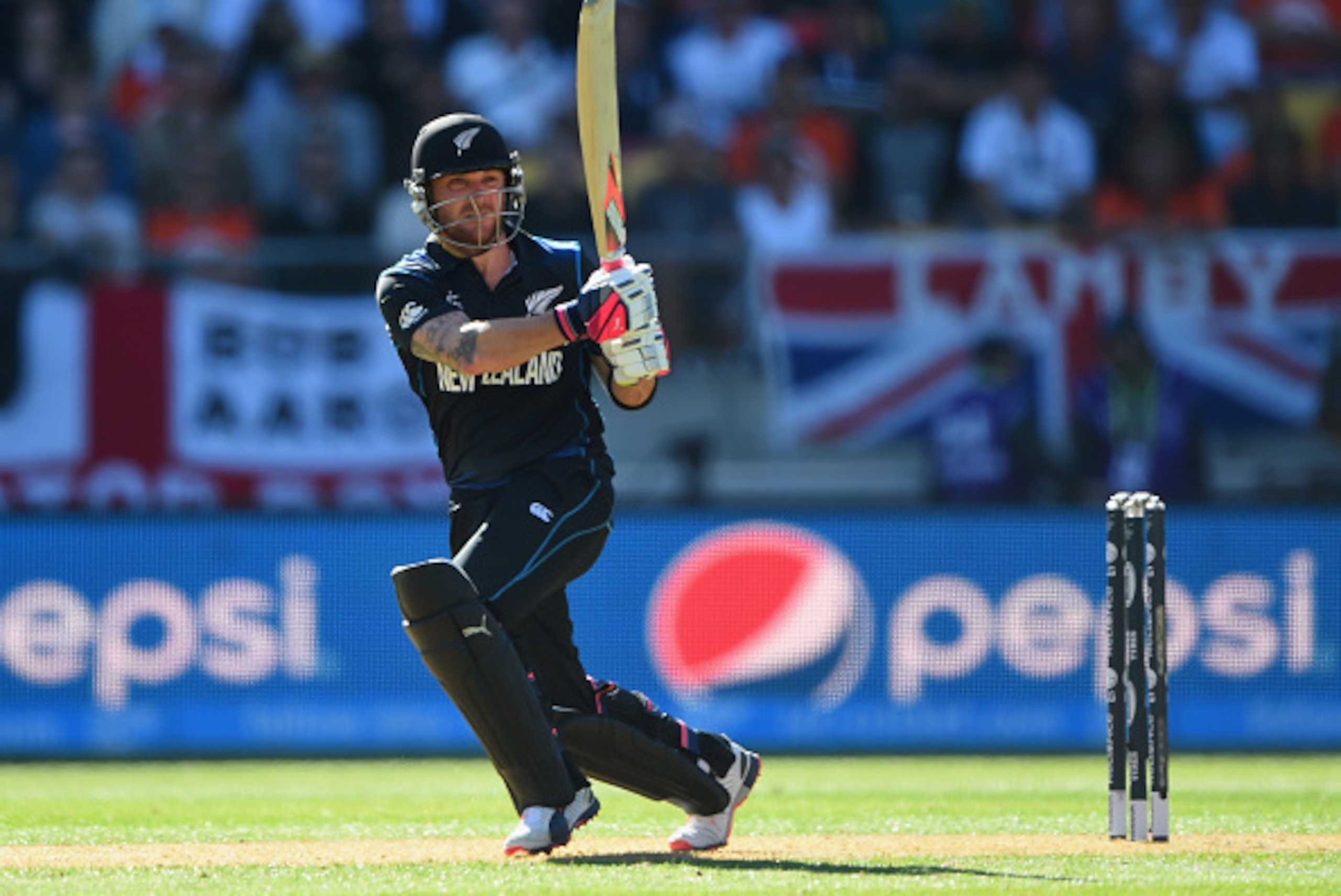 WELLINGTON, NEW ZEALAND - FEBRUARY 20:  Brendon McCullum of New Zealand plays a shot during the 2015 ICC Cricket World Cup match between England and New Zealand at Wellington Regional Stadium on February 20, 2015 in Wellington, New Zealand.  (Photo by Sha