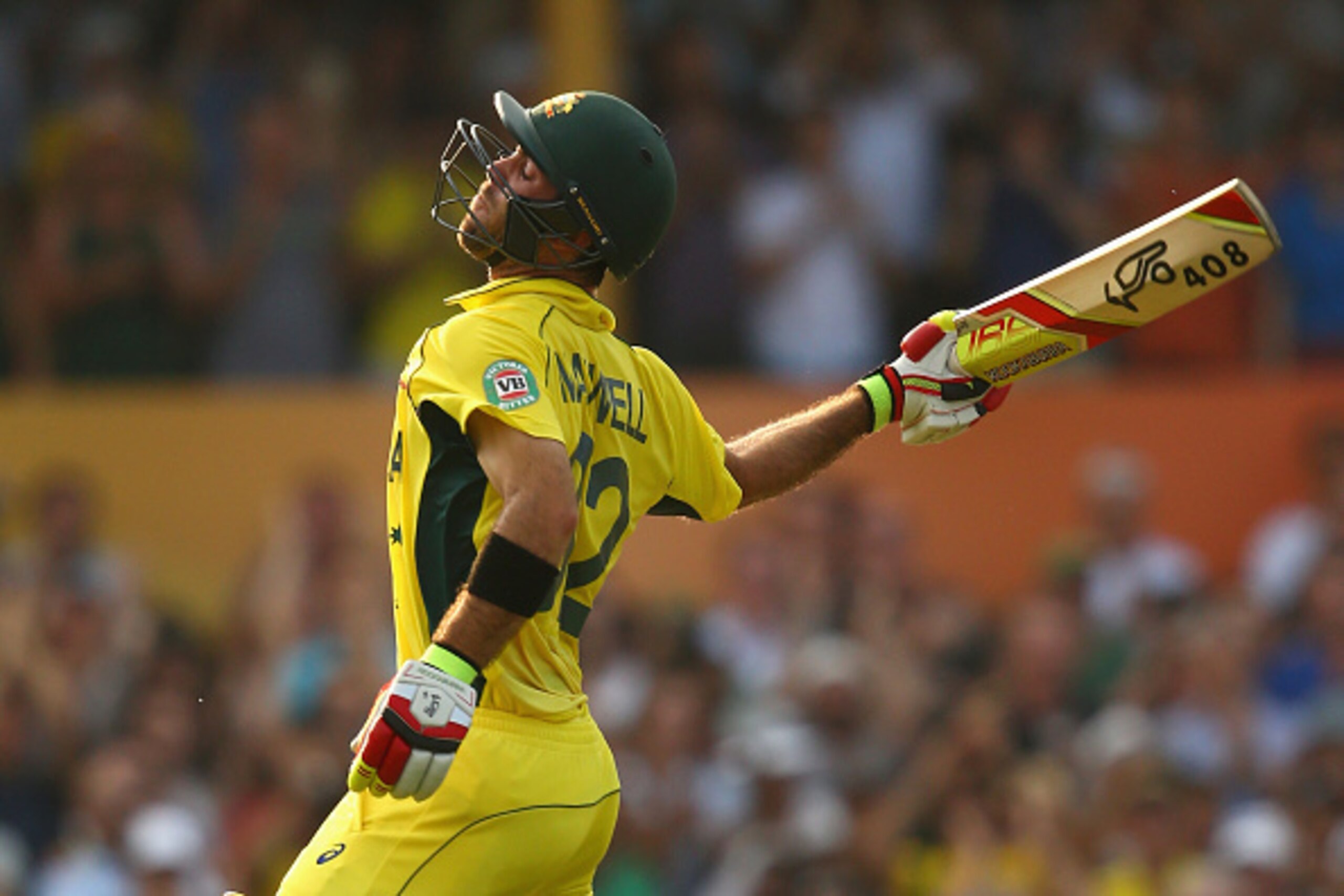 SYDNEY, AUSTRALIA - MARCH 08:  Glenn Maxwell of Australia celebrates his century during the 2015 ICC Cricket World Cup match between Australia and Sri Lanka at Sydney Cricket Ground on March 8, 2015 in Sydney, Australia.  (Photo by Mark Kolbe/Getty Images