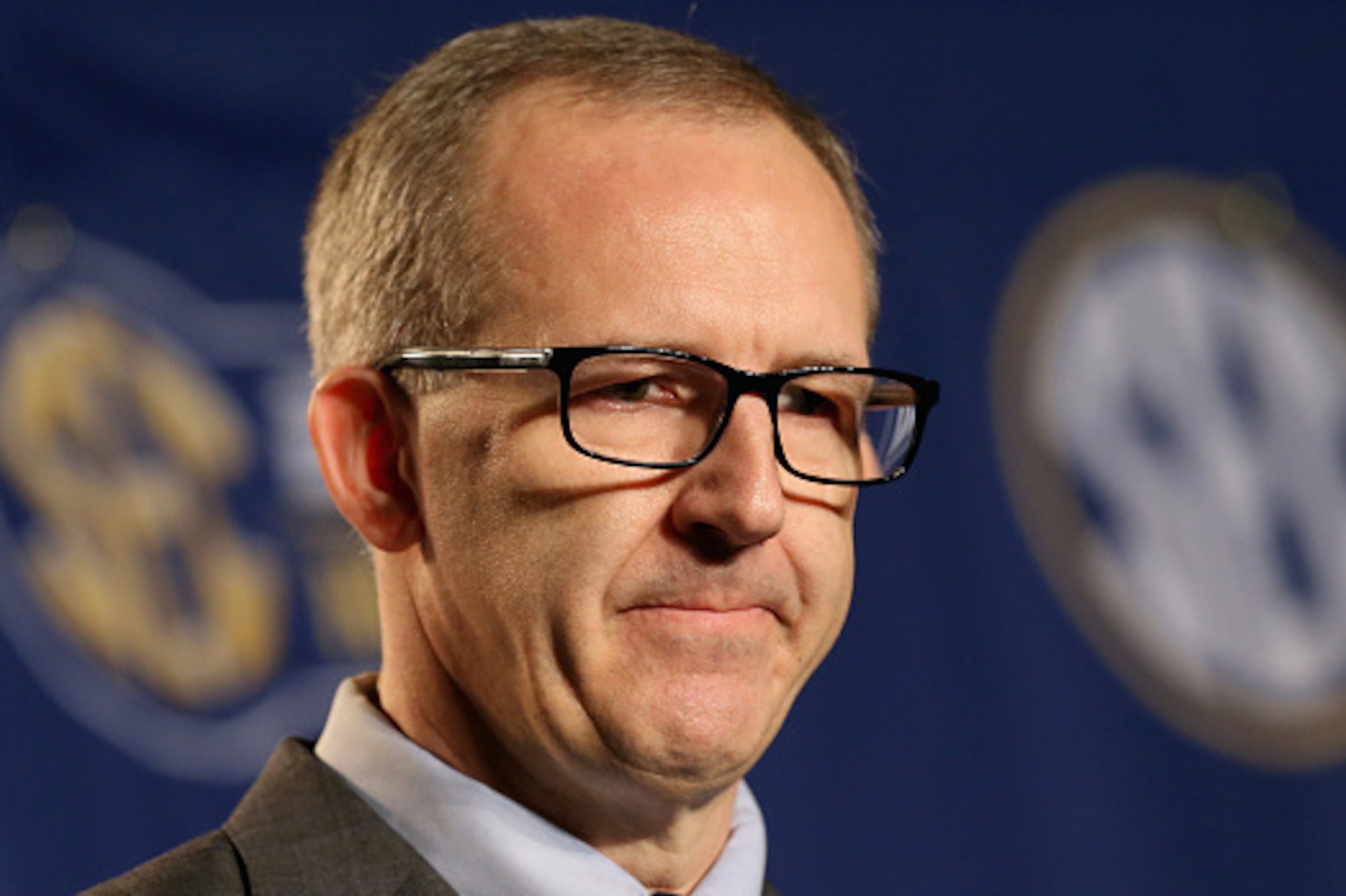 NASHVILLE, TN - MARCH 13:  Greg Sankey the new commissioner of the SEC talks to the media before the quaterfinals of the SEC Basketball Tournament at Bridgestone Arena on March 13, 2015 in Nashville, Tennessee.  (Photo by Andy Lyons/Getty Images)