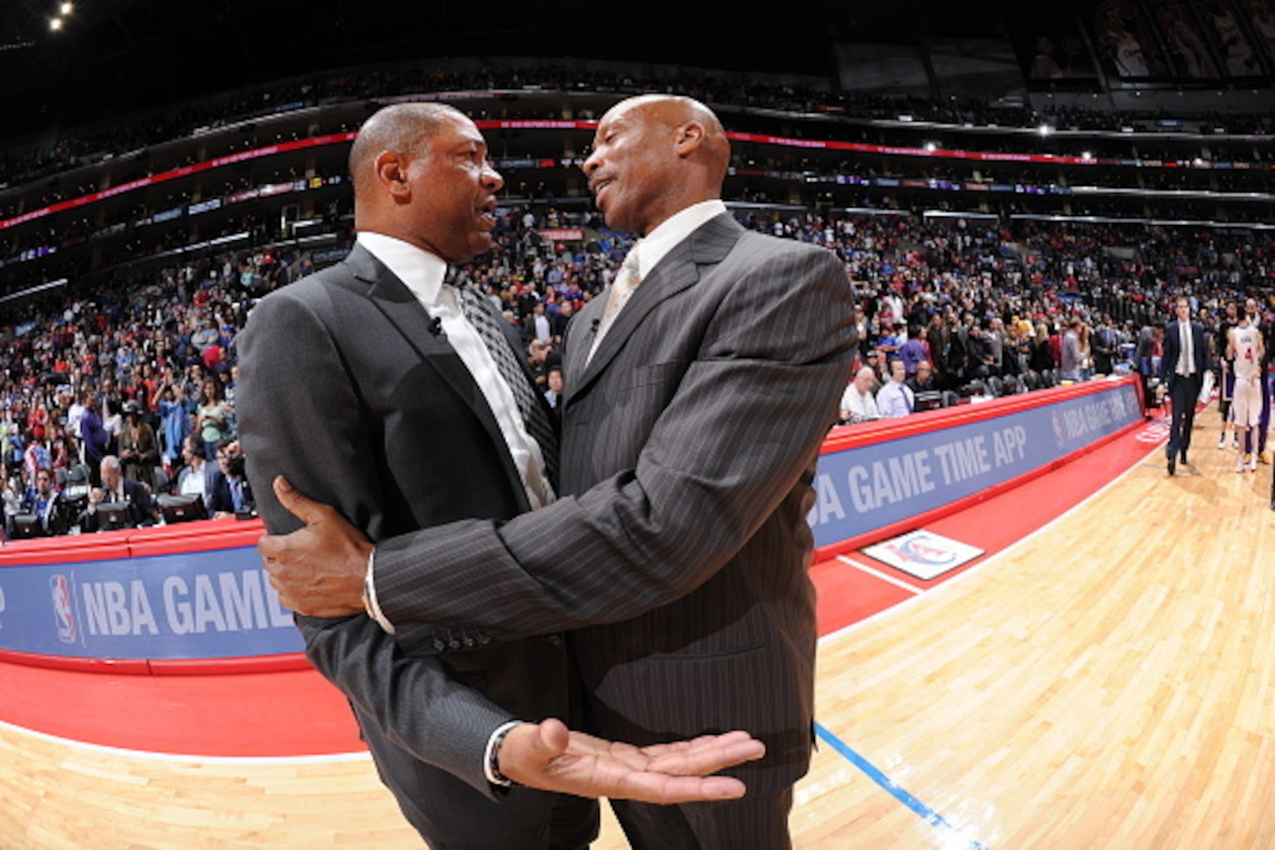 LOS ANGELES, CA - APRIL 7:  Head Coach Doc Rivers of the Los Angeles Clippers and Head Coach Byron Scott of the Los Angeles Lakers after the game on April 7, 2015 at Staples Center in Los Angeles, California. NOTE TO USER: User expressly acknowledges and 