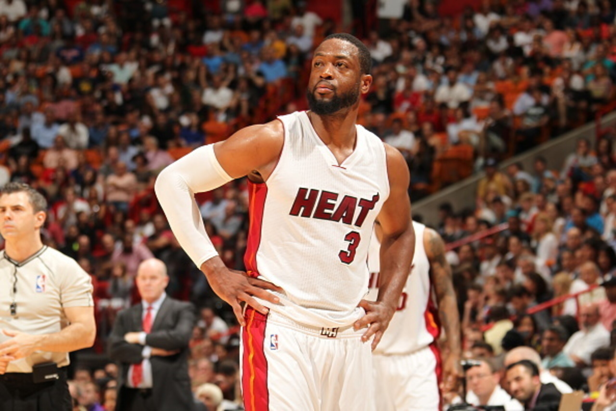 MIAMI, FL - APRIL 7:  Dwyane Wade #3 of the Miami Heat during the game against the Charlotte Hornets on April 7, 2015 at American Airlines Arena in Miami, Florida.  NOTE TO USER: User expressly acknowledges and agrees that, by downloading and or using thi