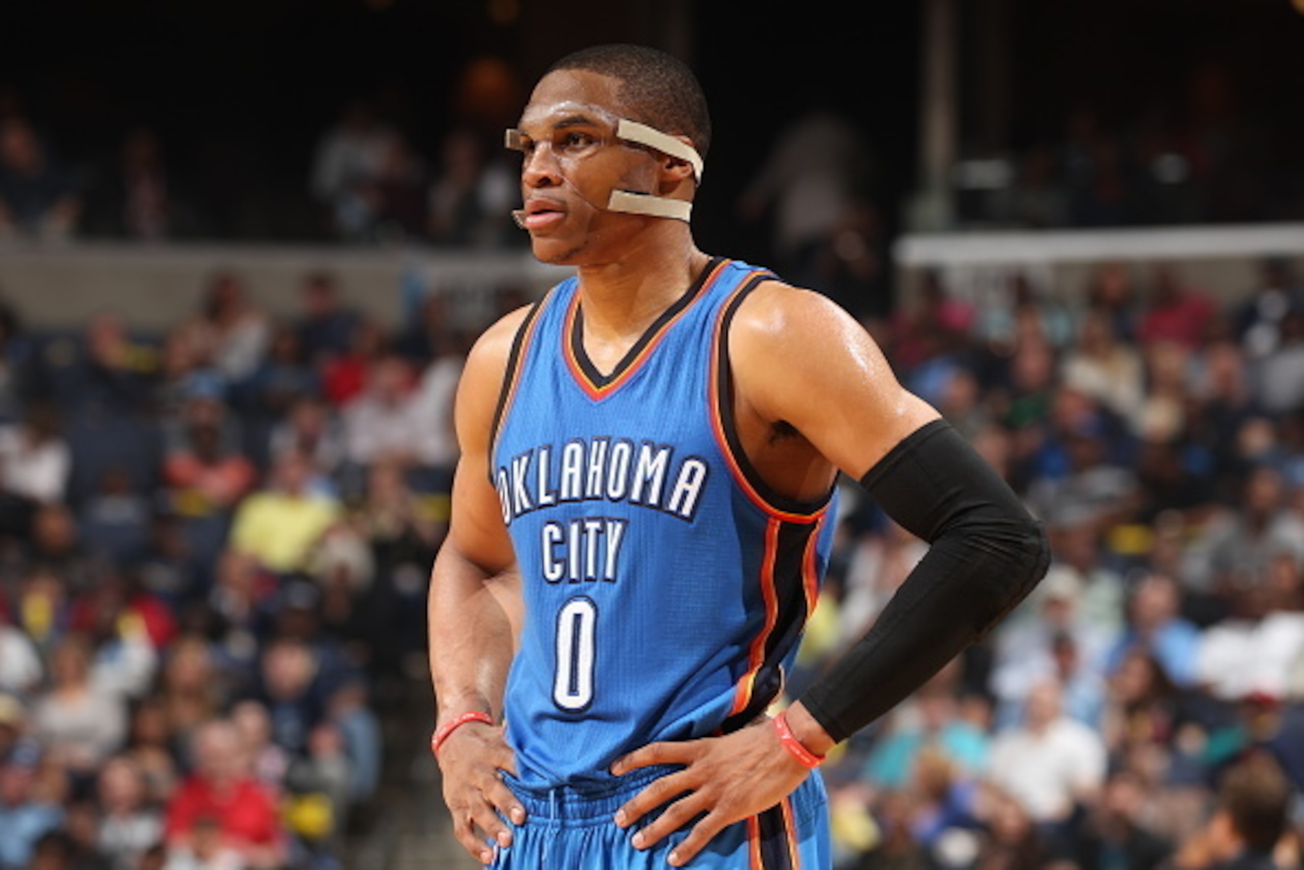 MEMPHIS, TN - APRIL 3:  Russell Westbrook #0 of the Oklahoma City Thunder during the game against the Memphis Grizzlies on April 3, 2015 at FedExForum in Memphis, Tennessee. NOTE TO USER: User expressly acknowledges and agrees that, by downloading and or 