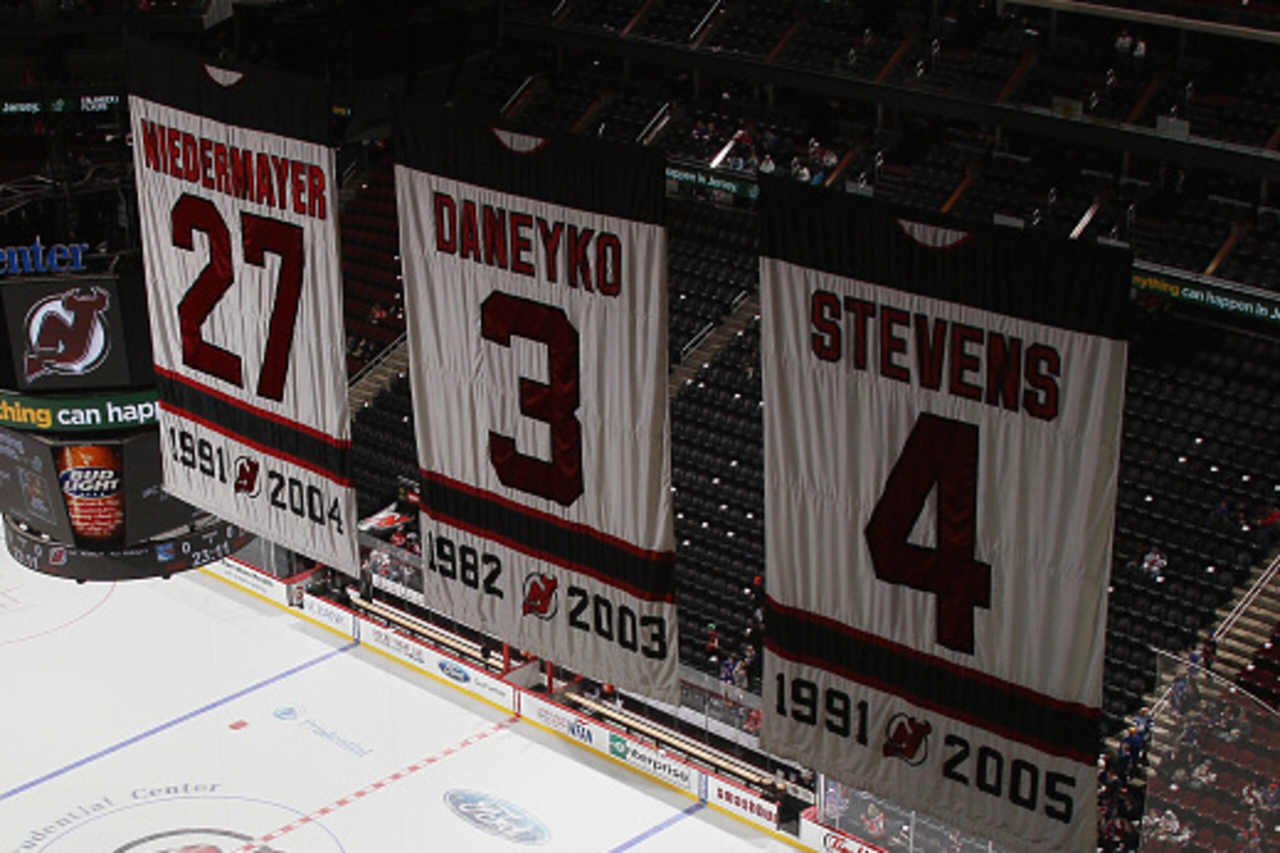 NEWARK, NJ - APRIL 07: Banners for retired New Jersey Devils players hang from the rafters prior to the game against the New York Rangers at the Prudential Center on April 7, 2015 in Newark, New Jersey.  (Photo by Bruce Bennett/Getty Images)