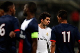 PARIS, FRANCE - MARCH 11:  Enzo Fernandez (son of Zinedine Zidane) of Real Madrid looks on during the UEFA Youth League Quarter Final match between Paris Saint-Germain FC and Real Madrid at Stade Charlety on March 11, 2014 in Paris, France.  (Photo by Dea