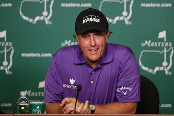 AUGUSTA, GA - APRIL 07:  Phil Mickelson of the United States speaks to the media during a practice round prior to the start of the 2015 Masters Tournament at Augusta National Golf Club on April 7, 2015 in Augusta, Georgia.  (Photo by David Cannon/Getty Im