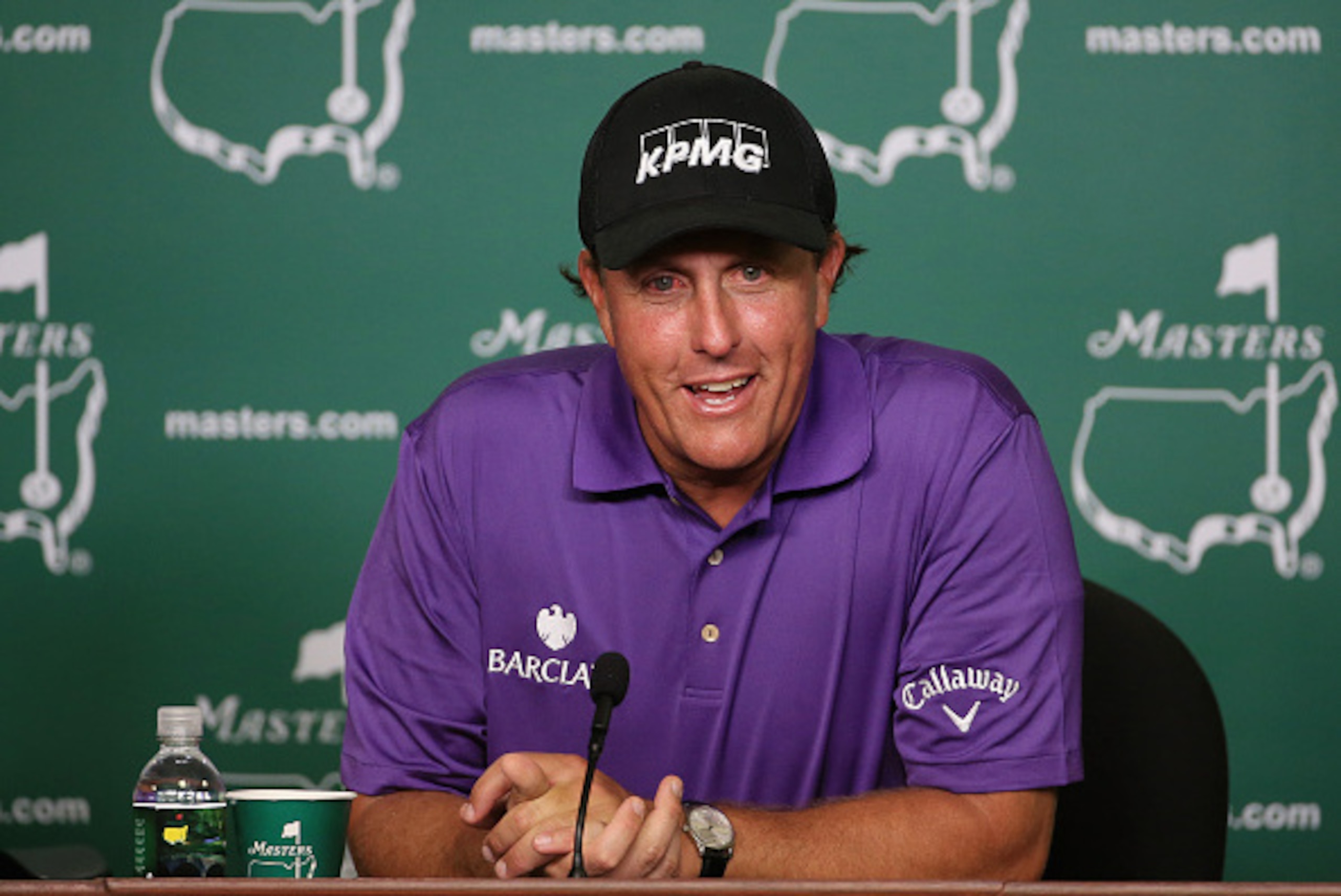 AUGUSTA, GA - APRIL 07:  Phil Mickelson of the United States speaks to the media during a practice round prior to the start of the 2015 Masters Tournament at Augusta National Golf Club on April 7, 2015 in Augusta, Georgia.  (Photo by David Cannon/Getty Im