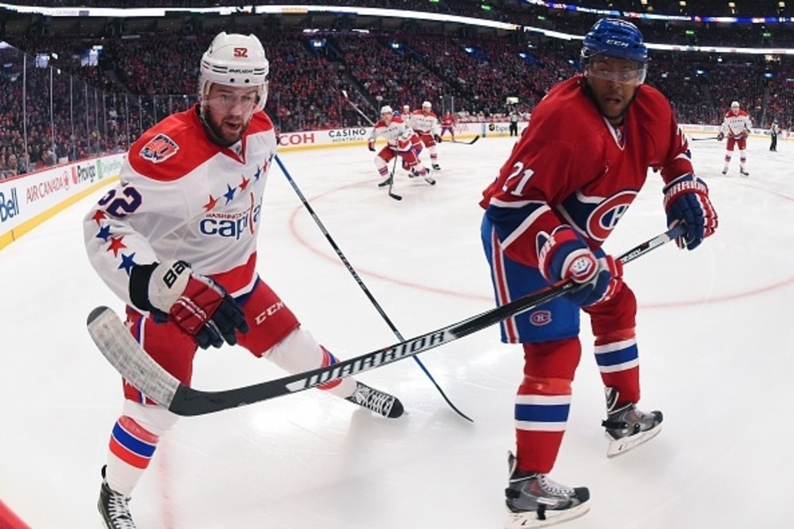 MONTREAL, QC - APRIL 2: Devante Smith-Pelly #21of the Montreal Canadiens and Mike Green #52 of the Washington Capitals battle for position in the NHL game at the Bell Centre on April 2, 2015 in Montreal, Quebec, Canada. (Photo by Francois Lacasse/NHLI via MONTREAL, QC - APRIL 2: Devante Smith-Pelly #21of the Montreal Canadiens and Mike Green #52 of the Washington Capitals battle for position in the NHL game at the Bell Centre on April 2, 2015 in Montreal, Quebec, Canada. (Photo by Francois Lacasse/NHLI via