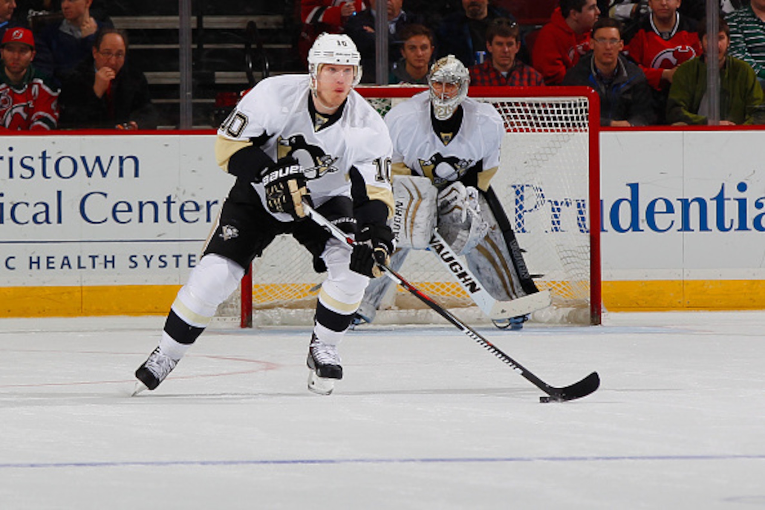 NEWARK, NJ - MARCH 17: Christian Ehrhoff #10 of the Pittsburgh Penguins plays the puck against the New Jersey Devils during the game at the Prudential Center on March 17, 2015 in Newark, New Jersey. (Photo by Andy Marlin/NHLI via Getty Images) NEWARK, NJ - MARCH 17: Christian Ehrhoff #10 of the Pittsburgh Penguins plays the puck against the New Jersey Devils during the game at the Prudential Center on March 17, 2015 in Newark, New Jersey. (Photo by Andy Marlin/NHLI via Getty Images)