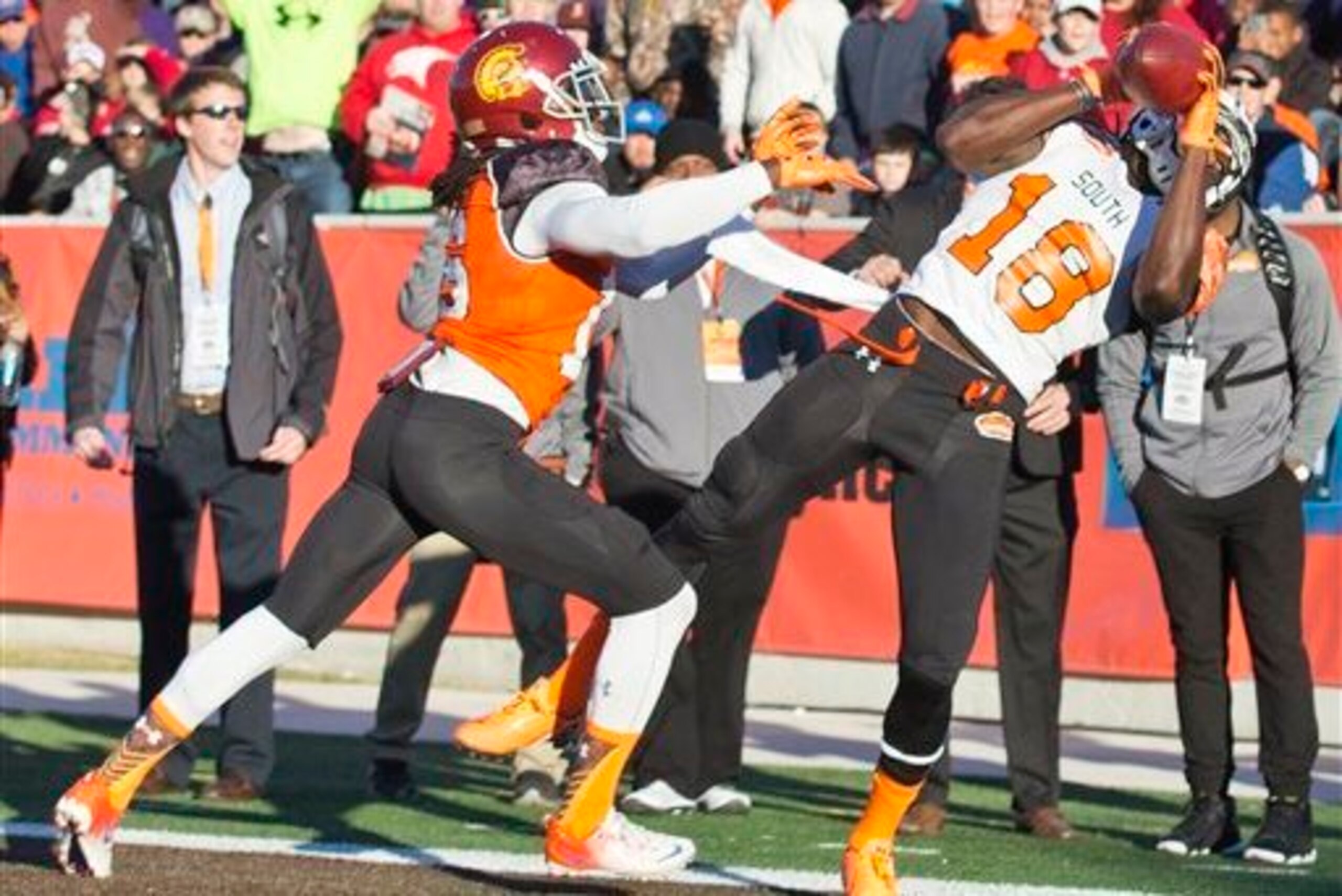 Spectacular catches at the 2015 Senior Bowl like this one from Coates may have caught Dave Caldwell and Gus Bradley's attention.