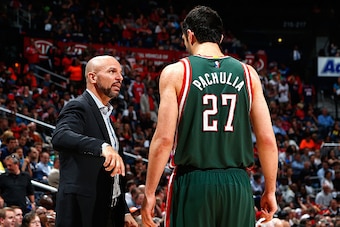 ATLANTA, GA - MARCH 30:  Jason Kidd of the Milwaukee Bucks converses with Zaza Pachulia #27 during the game against the Atlanta Hawks at Philips Arena on March 30, 2015 in Atlanta, Georgia.  NOTE TO USER: User expressly acknowledges and agrees that, by do