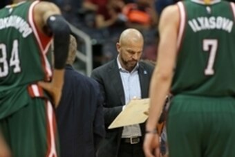 Mar 30, 2015; Atlanta, GA, USA; Milwaukee Bucks head coach Jason Kidd during a time out in the fourth quarter of their game against the Atlanta Hawks at Philips Arena. The Hawks won 101-88. Mandatory Credit: Jason Getz-USA TODAY Sports