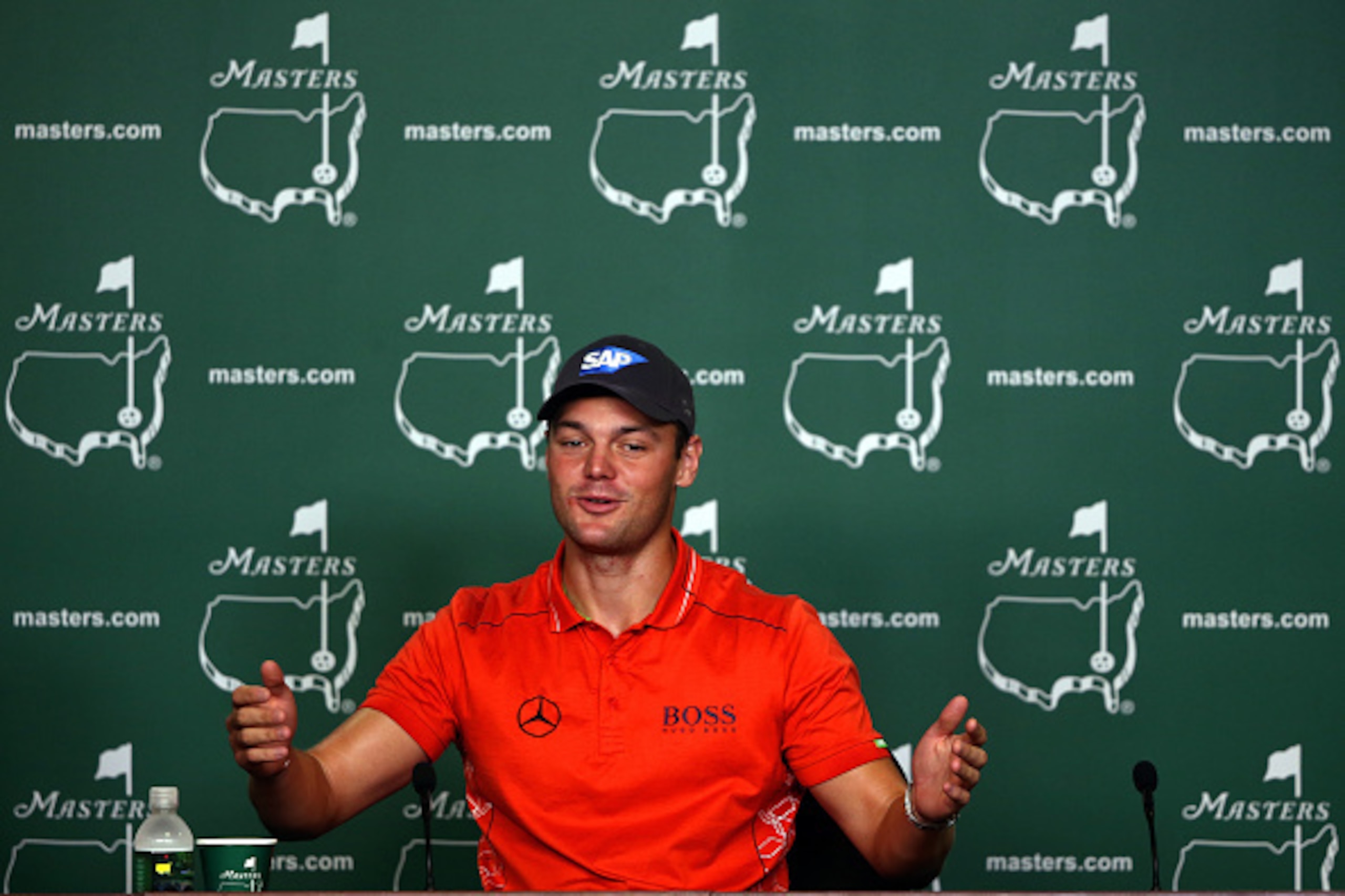 AUGUSTA, GA - APRIL 06:  Martin Kaymer of Germany is interviewed during a press conference after his practice round prior to the start of the 2015 Masters Tournament at Augusta National Golf Club on April 6, 2015 in Augusta, Georgia.  (Photo by Andrew Red