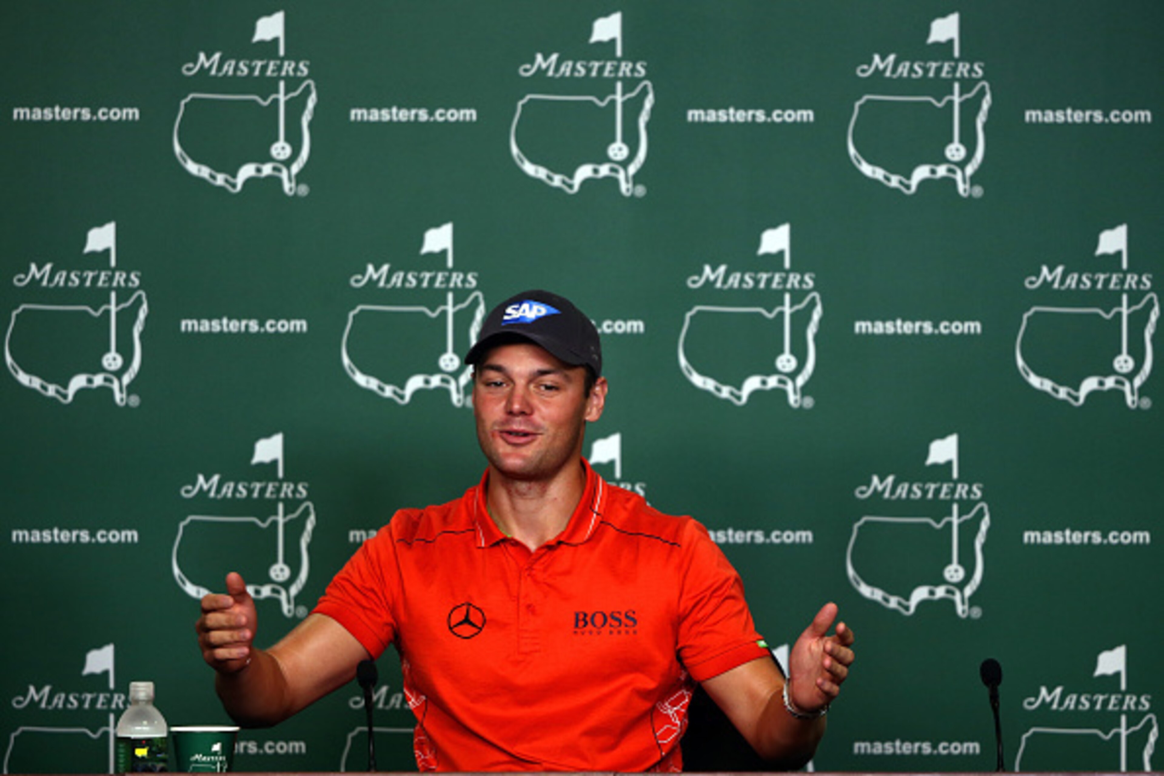AUGUSTA, GA - APRIL 06:  Martin Kaymer of Germany is interviewed during a press conference after his practice round prior to the start of the 2015 Masters Tournament at Augusta National Golf Club on April 6, 2015 in Augusta, Georgia.  (Photo by Andrew Red