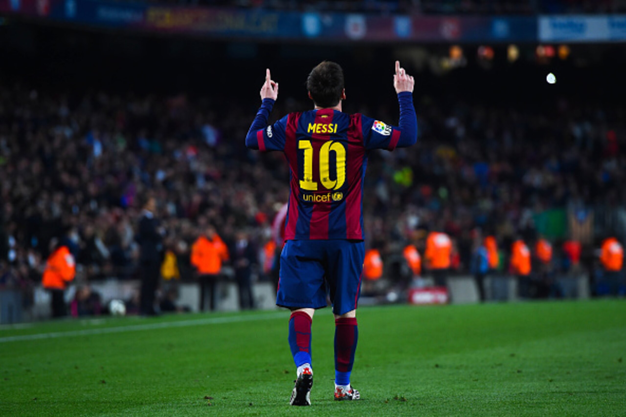 BARCELONA, SPAIN - APRIL 08: Lionel Messi of FC Barcelona celebrates after scoring the opening goal during the La Liga match between FC Barcelona and UD Almeria at Camp Nou on April 8, 2015 in Barcelona, Spain. (Photo by David Ramos/Getty Images) BARCELONA, SPAIN - APRIL 08: Lionel Messi of FC Barcelona celebrates after scoring the opening goal during the La Liga match between FC Barcelona and UD Almeria at Camp Nou on April 8, 2015 in Barcelona, Spain. (Photo by David Ramos/Getty Images)