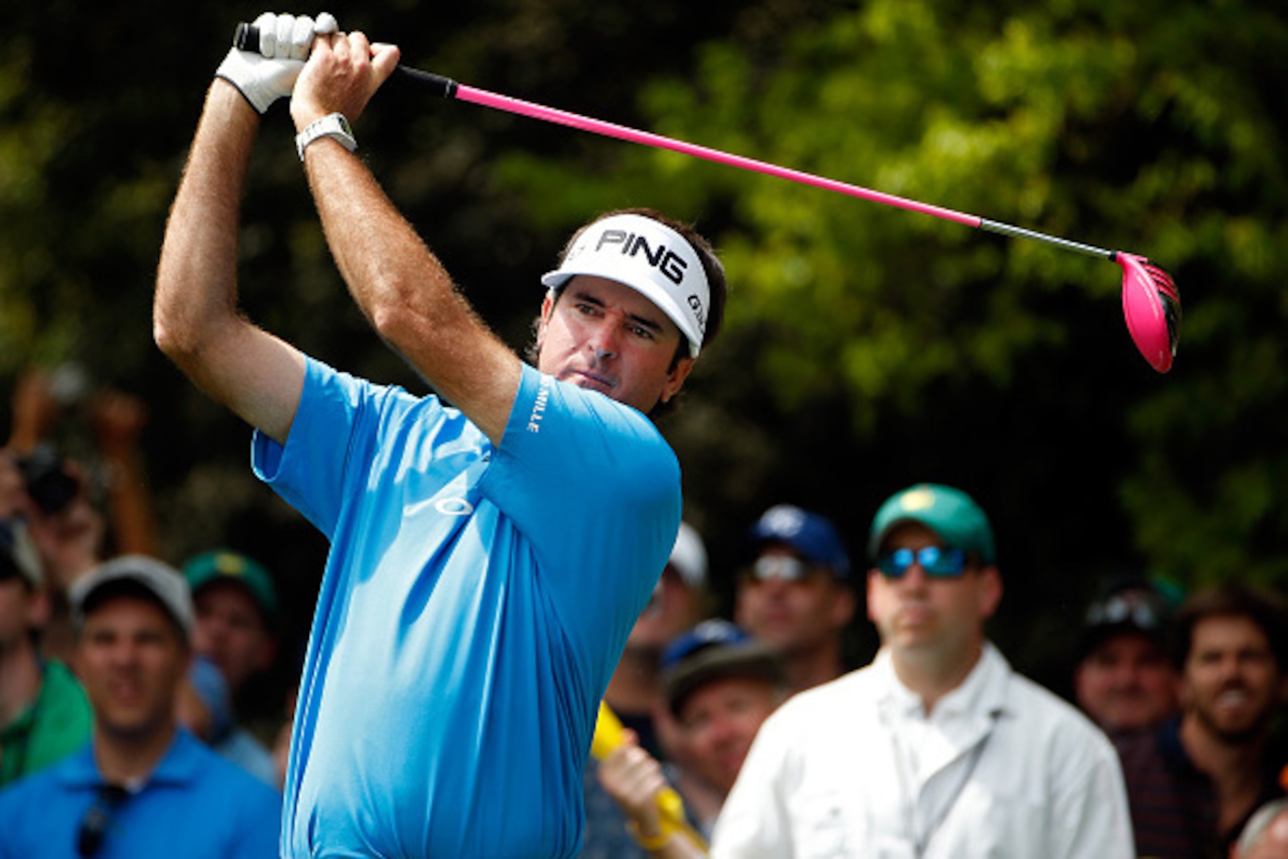 AUGUSTA, GA - APRIL 06:  Bubba Watson of the United States hits a tee shot during a practice round prior to the start of the 2015 Masters Tournament at Augusta National Golf Club on April 6, 2015 in Augusta, Georgia.  (Photo by Ezra Shaw/Getty Images)
