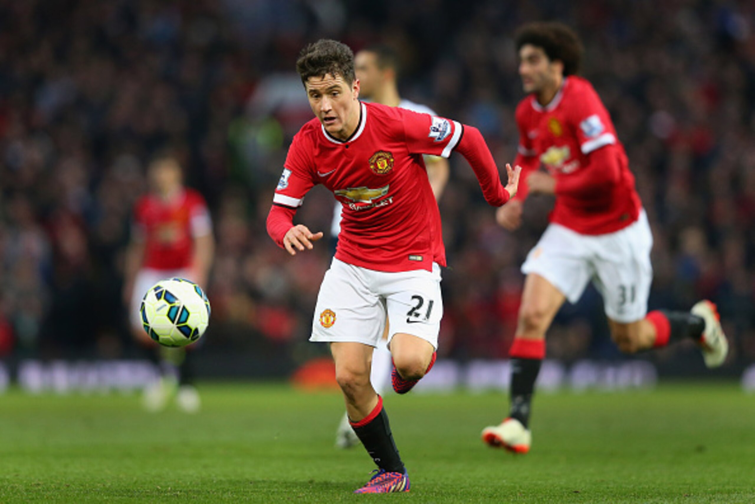 MANCHESTER, ENGLAND - MARCH 15:  Ander Herrera of Manchester United chases the ball during the Barclays Premier League match between Manchester United and Tottenham Hotspur at Old Trafford on March 15, 2015 in Manchester, England.  (Photo by Alex Livesey/
