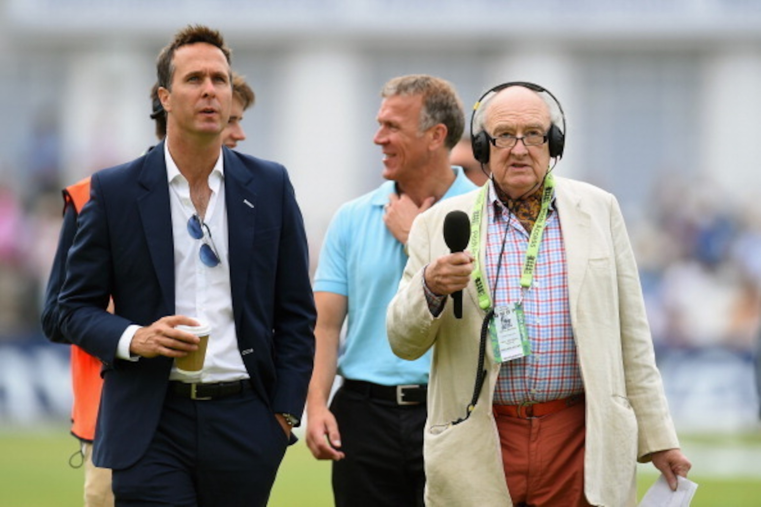 NOTTINGHAM, ENGLAND - JULY 11:  Ex  England captain's Michael Vaughan (l) Alec Stewart look with Commentator Henry Blofeld before day three of the 1st  Investec Test Match between England and India at  Trent Bridge on July 11, 2014 in Nottingham, England.