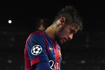BARCELONA, SPAIN - MARCH 18:  Neymar of FC Barcelona looks down during the UEFA Champions League round of 16 second leg match between FC Barcelona and Manchester City at the Camp Nou stadium on March 18, 2015 in Barcelona, Spain.  (Photo by David Ramos/Ge