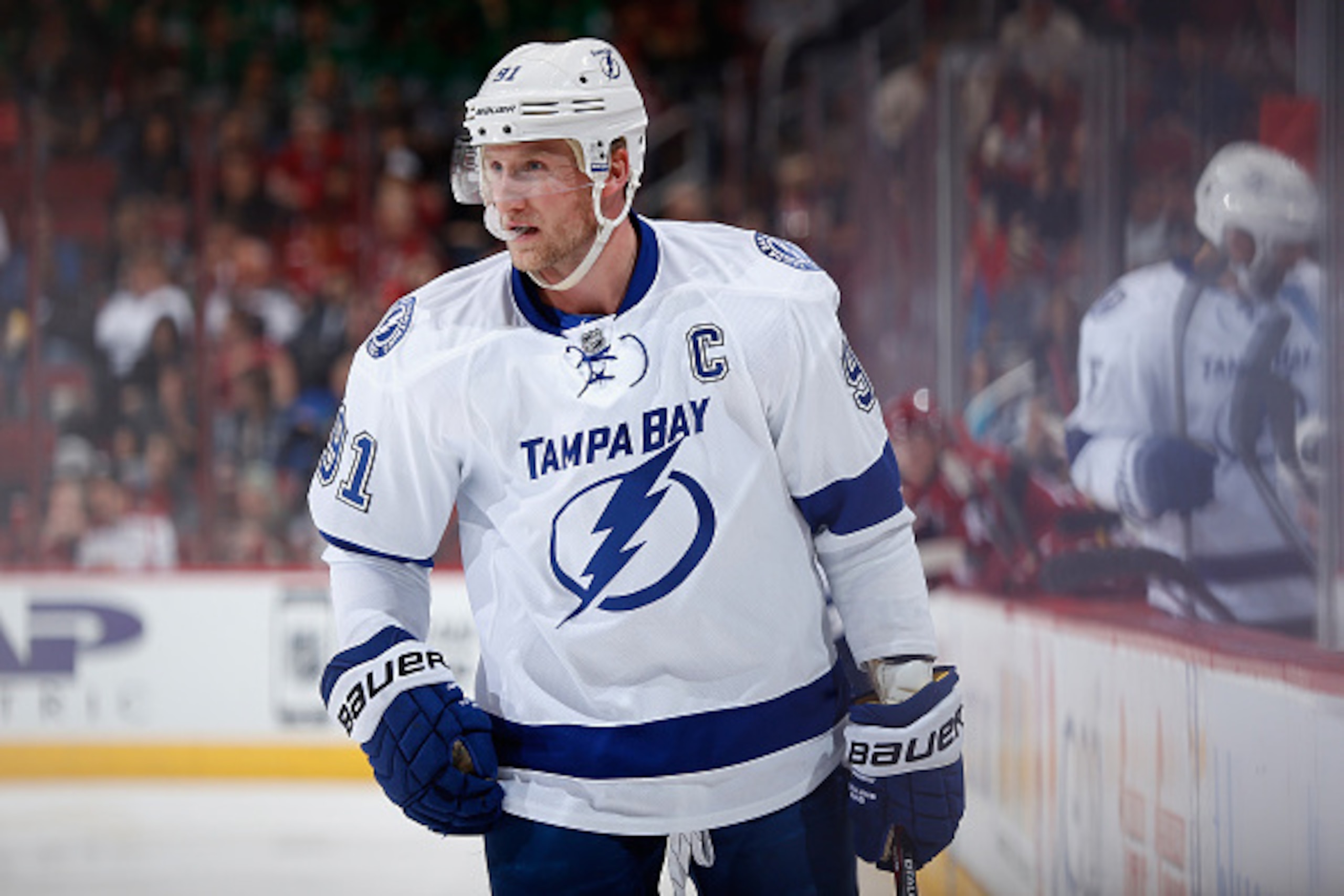 GLENDALE, AZ - FEBRUARY 21:  Steven Stamkos #91 of the Tampa Bay Lightning during a break from the NHL game against the Arizona Coyotes at Gila River Arena on February 21, 2015 in Glendale, Arizona.  The Lighting defeated the Coyotes 4-2.  (Photo by Chris