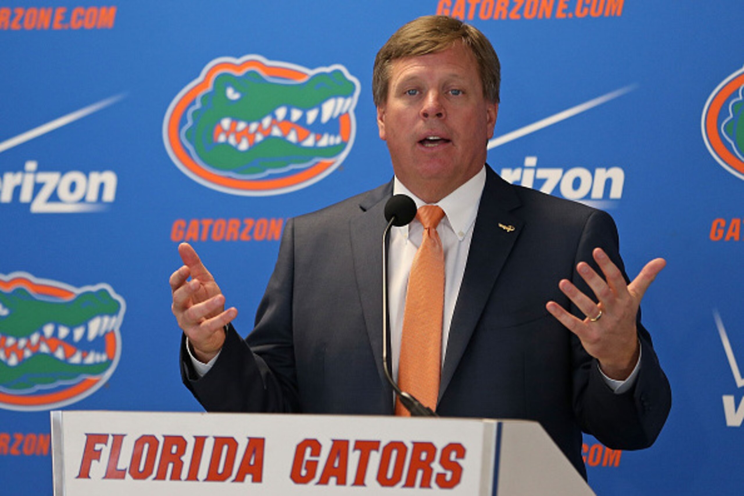 GAINESVILLE, FL - DECEMBER 06:  Florida Gators head coach Jim McElwain speaks during an introductory press conference on December 6, 2014 in Gainesville, Florida. McElwain has left Colorado State and replaces ex-Florida coach Will Muschamp who was fired e