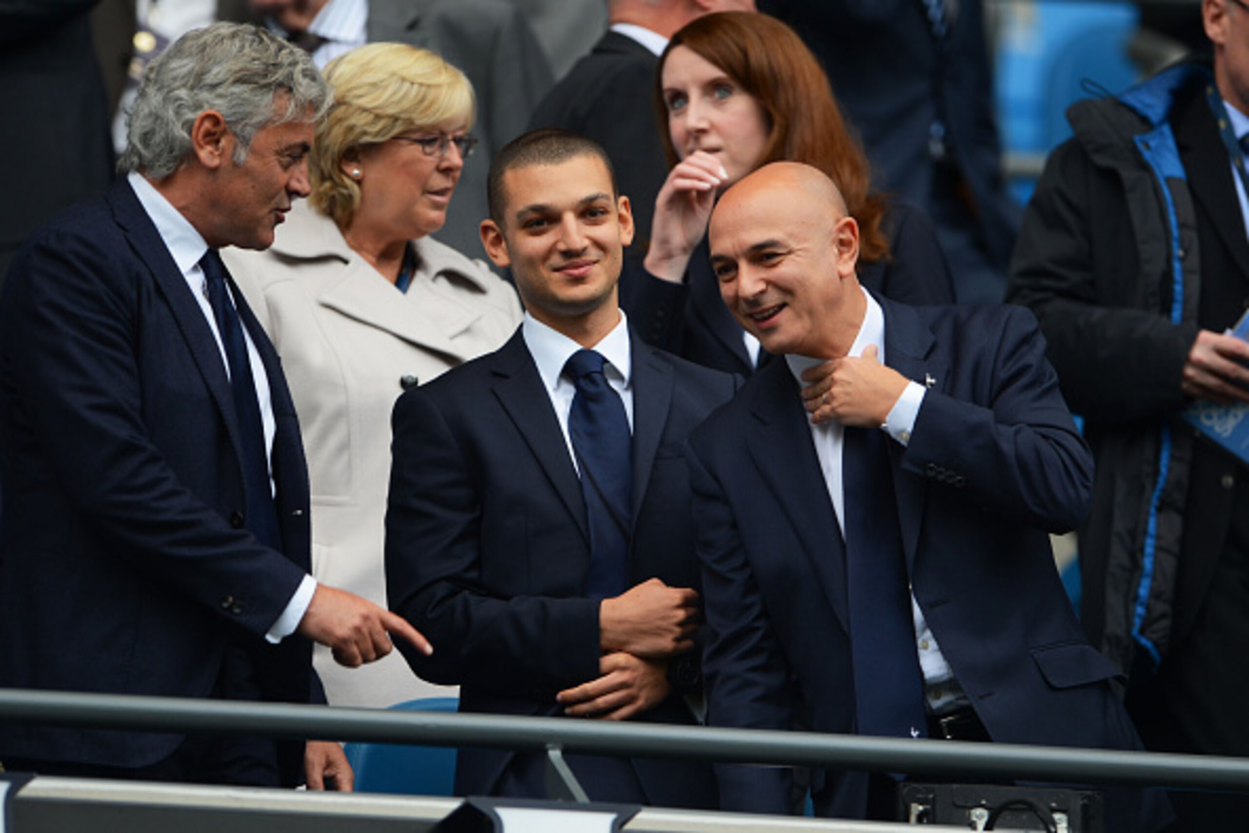 MANCHESTER, ENGLAND - OCTOBER 18:  Tottenham Chairman Daniel Levy (R) chats with Tottenham Technical Director Franco Baldini prior to kickoff during the Barclays Premier League match between Manchester City and Tottenham Hotspur at Etihad Stadium on Octob