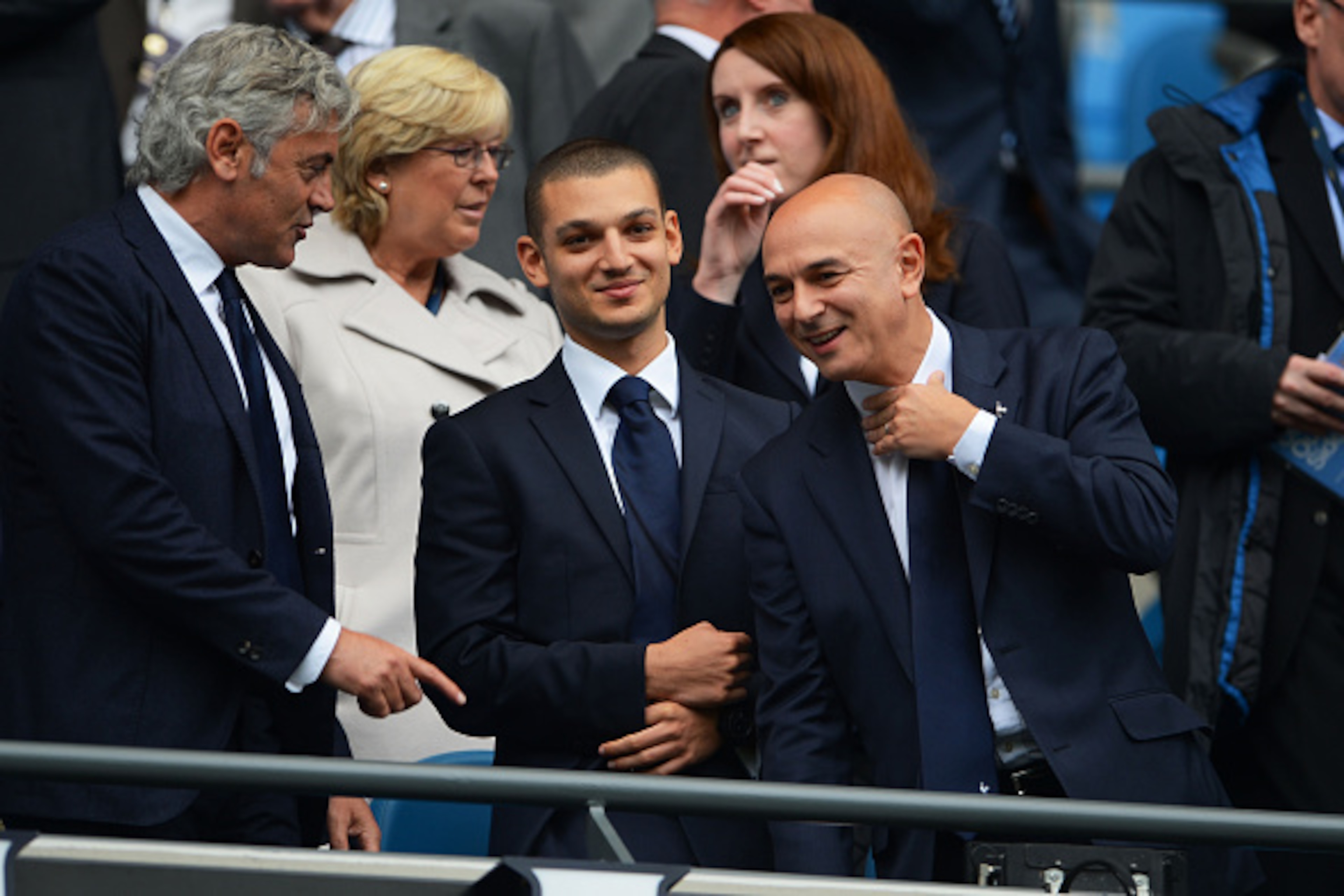 MANCHESTER, ENGLAND - OCTOBER 18:  Tottenham Chairman Daniel Levy (R) chats with Tottenham Technical Director Franco Baldini prior to kickoff during the Barclays Premier League match between Manchester City and Tottenham Hotspur at Etihad Stadium on Octob