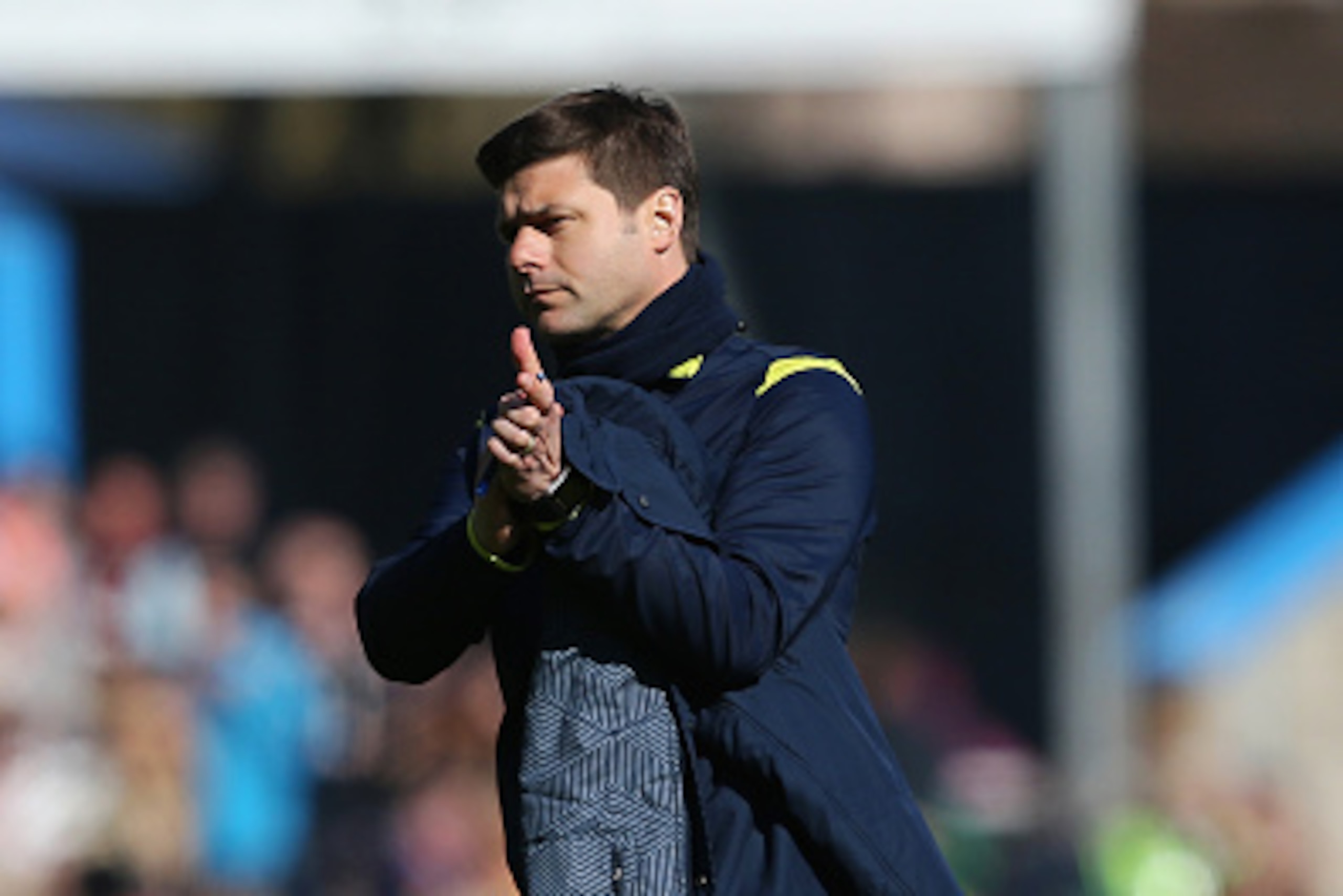 BURNLEY, ENGLAND - APRIL 05:  Manager Mauricio Pochettino of Spurs applauds the fans after the Barclays Premier League match between Burnley and Tottenham Hotspur at Turf Moor on April 5, 2015 in Burnley, England.  (Photo by Jan Kruger/Getty Images)