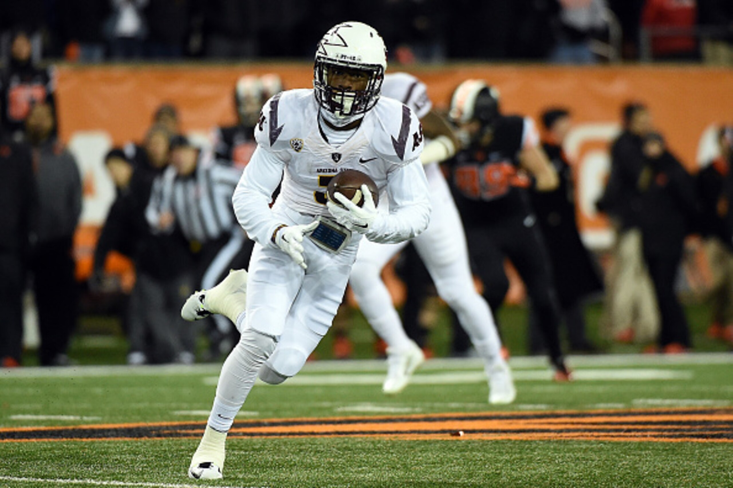 CORVALLIS, OR - NOVEMBER 15:  Defensive back Damarious Randall #3 of the Arizona State Sun Devils run back an interception during the first quarter of the game against the Oregon State Beavers at Reser Stadium on November 15, 2014 in Corvallis, Oregon.  (