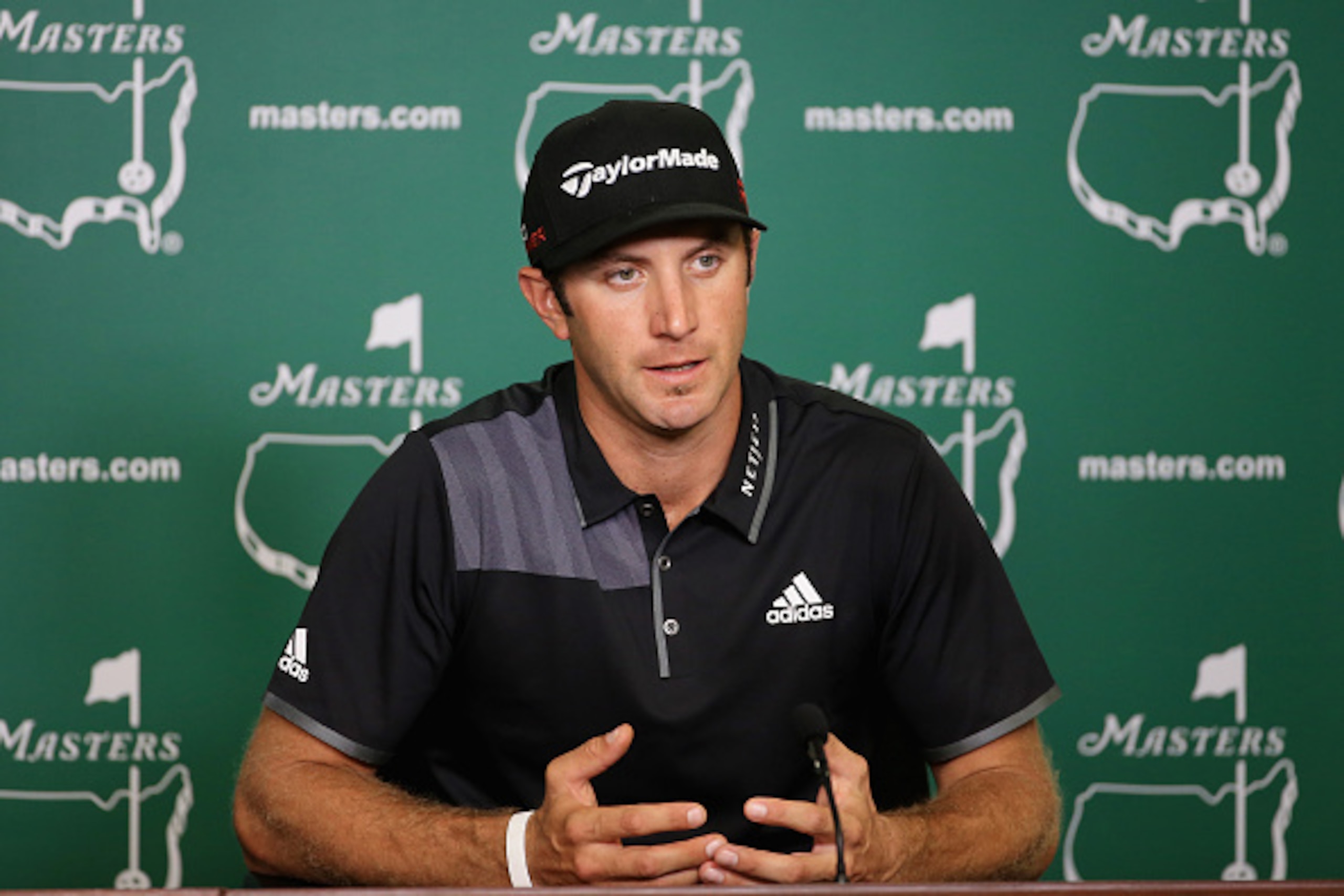 AUGUSTA, GA - APRIL 07: Dustin Johnson of the United States speaks to the media during a practice round prior to the start of the 2015 Masters Tournament at Augusta National Golf Club on April 7, 2015 in Augusta, Georgia. (Photo by David Cannon/Getty Im AUGUSTA, GA - APRIL 07: Dustin Johnson of the United States speaks to the media during a practice round prior to the start of the 2015 Masters Tournament at Augusta National Golf Club on April 7, 2015 in Augusta, Georgia. (Photo by David Cannon/Getty Im