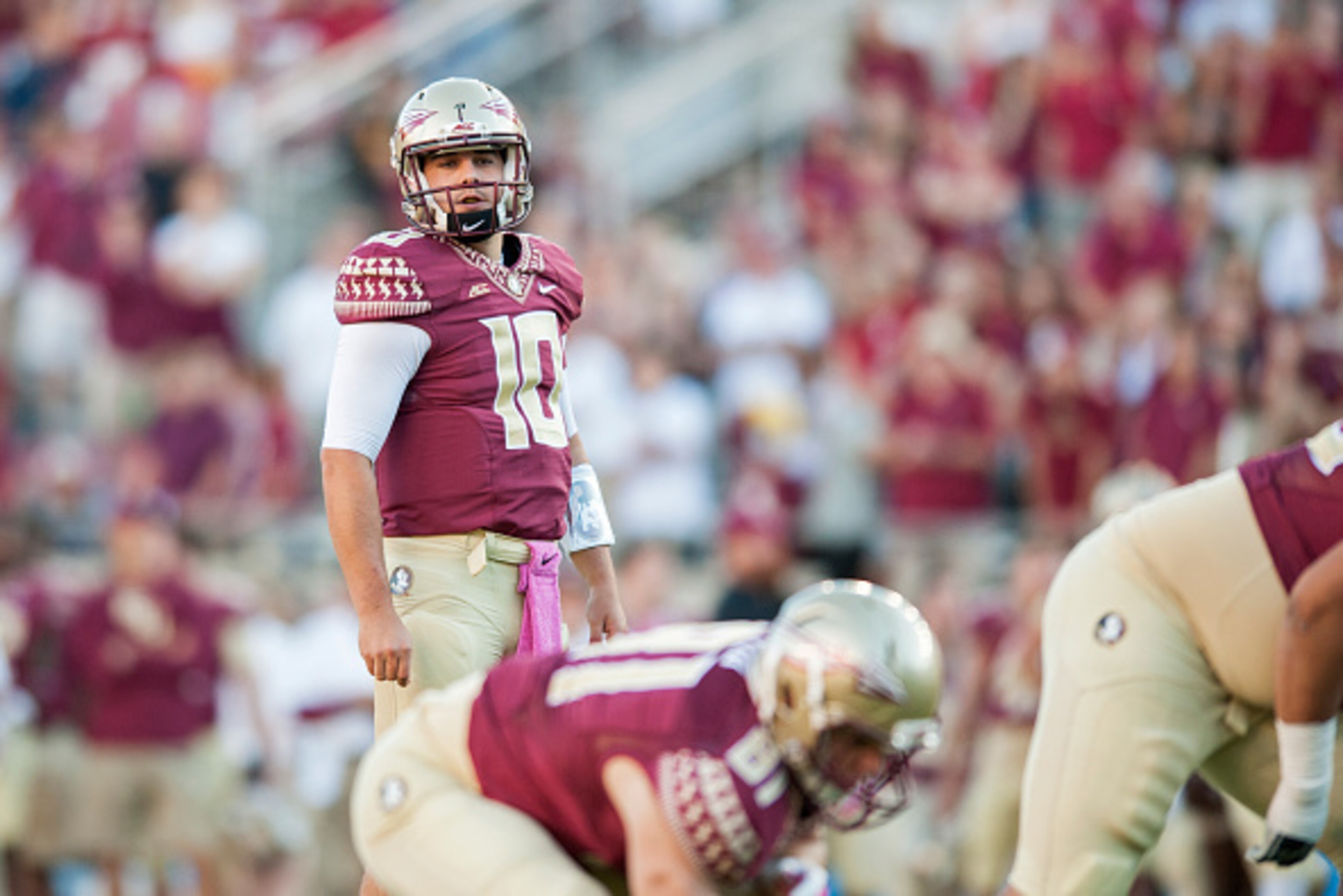 TALLAHASSEE, FL - OCTOBER 4: Sean Maguire #10 of the Florida State Seminoles looks to call a play against the Wake Forest Demon Deacons during the second half at Doak Campbell Stadium on October 4, 2014 in Tallahassee, Florida. The Seminoles took the Deam