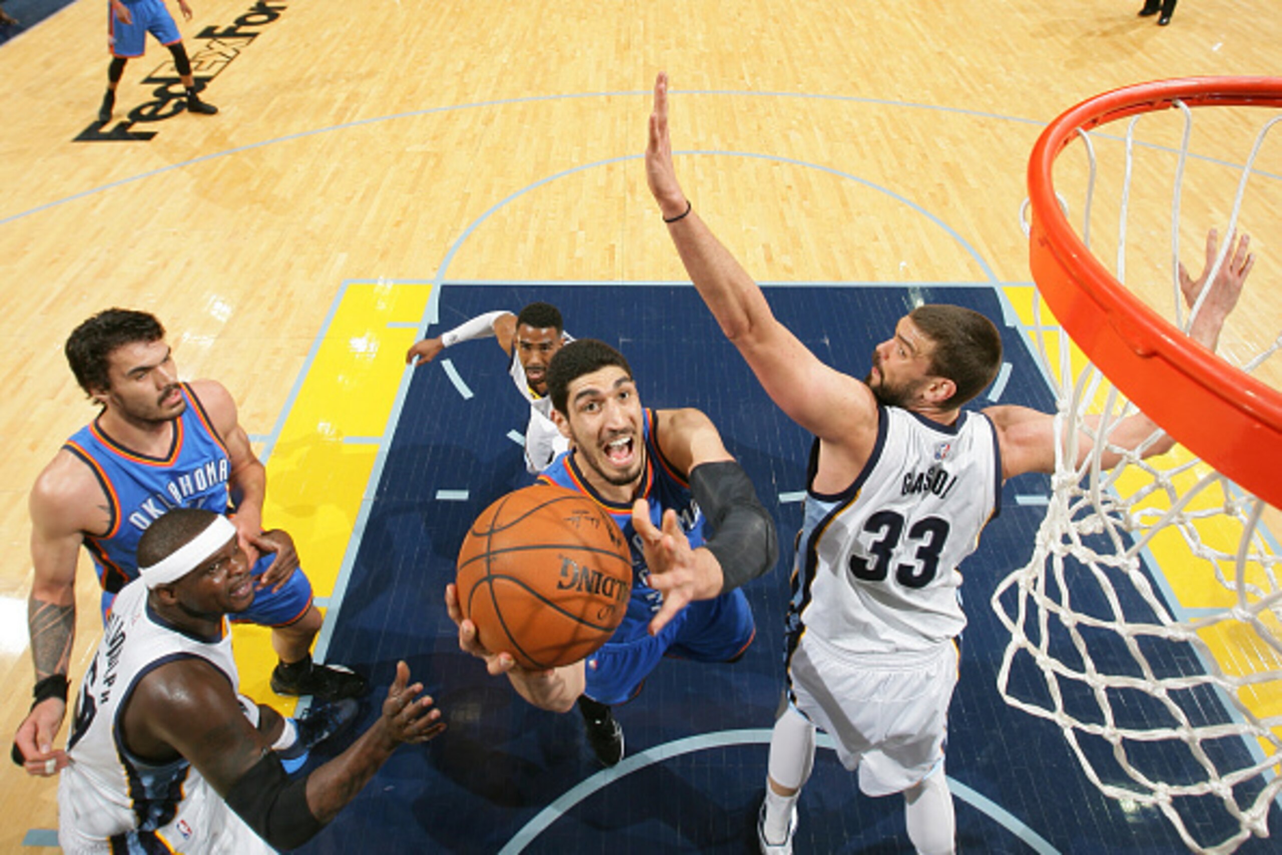 MEMPHIS, TN - APRIL 3: Enes Kanter #34 of the Oklahoma City Thunder shoots against the Memphis Grizzlies on April 3, 2015 at FedExForum in Memphis, Tennessee. NOTE TO USER: User expressly acknowledges and agrees that, by downloading and or using this phot