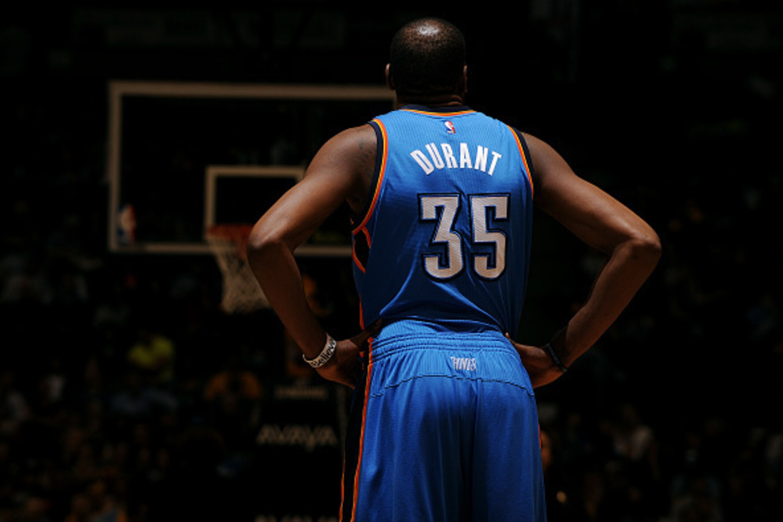 DENVER, CO - FEBRUARY 9: Kevin Durant #35 of the Oklahoma City Thunder stands on the court during a game against the Denver Nuggets on February 9, 2015 at the Pepsi Center in Denver, Colorado. NOTE TO USER: User expressly acknowledges and agrees that, by 