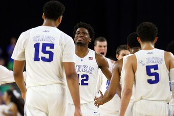 HOUSTON, TX - MARCH 29:  Justise Winslow #12 of the Duke Blue Devils reacts against the Gonzaga Bulldogs during the South Regional Final of the 2015 NCAA Men's Basketball Tournament at NRG Stadium on March 29, 2015 in Houston, Texas.  (Photo by Ronald Mar
