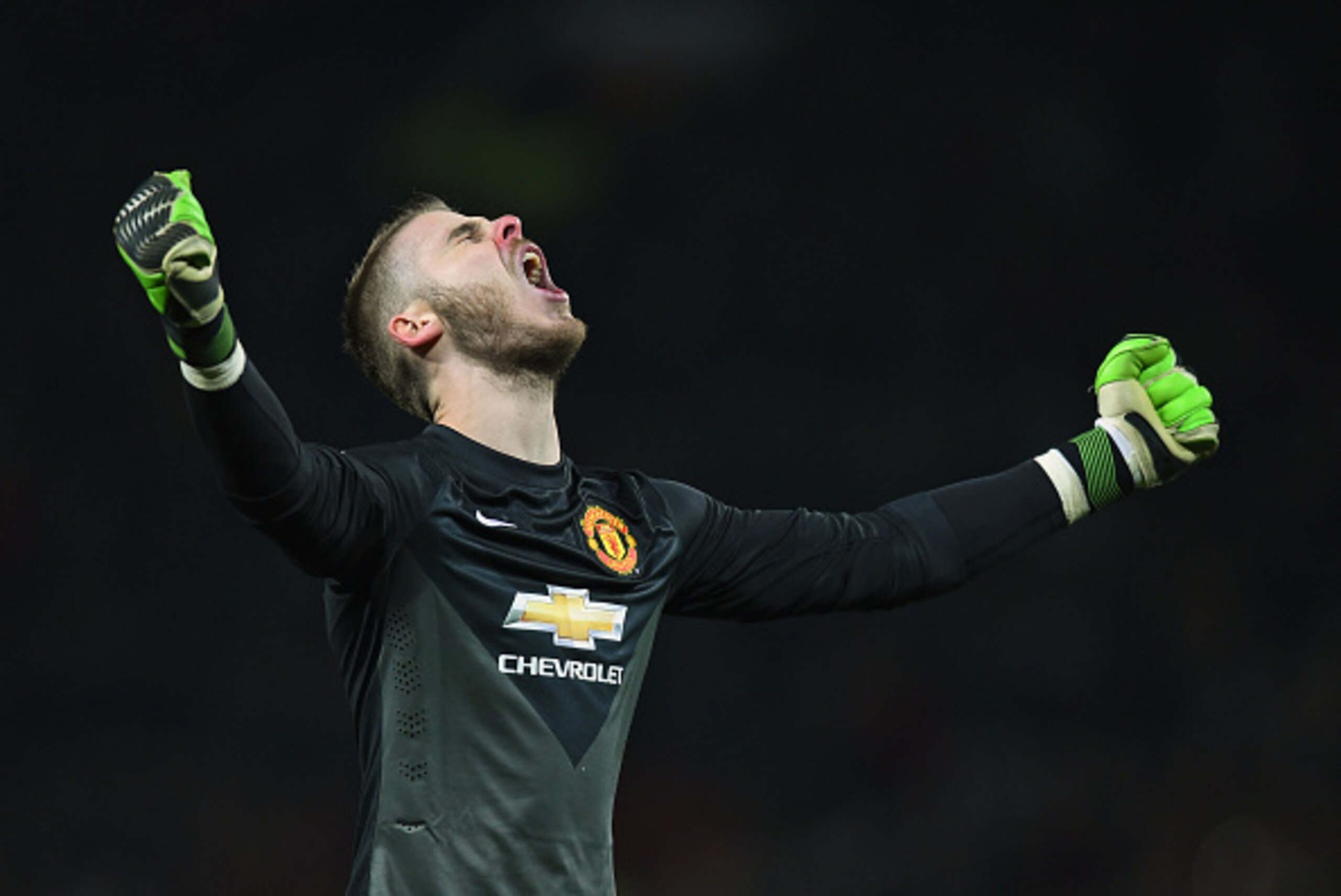 MANCHESTER, ENGLAND - FEBRUARY 11:  David De Gea of Manchester United celebrates the penalty scored by Robin van Persie of Manchester United during the Barclays Premier League match between Manchester United and Burnley at Old Trafford on February 11, 201