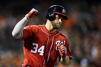 SAN FRANCISCO, CA - OCTOBER 07:  Bryce Harper #34 of the Washington Nationals celebrates as he rounds the bases on his solo home run in the seventh inning against the San Francisco Giants during Game Four of the National League Division Series at AT&T Par