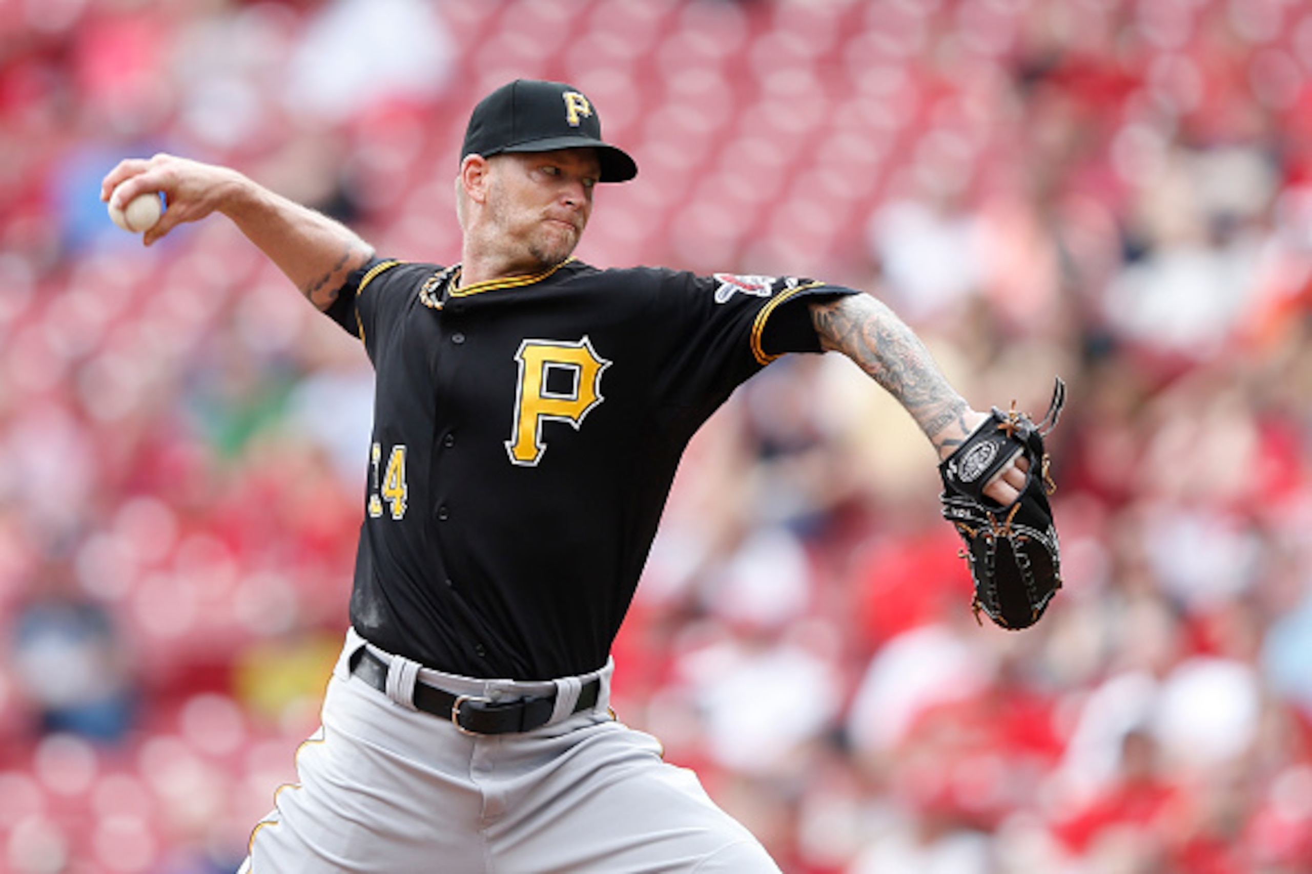 CINCINNATI, OH - APRIL 9: A.J. Burnett #34 of the Pittsburgh Pirates pitches in the third inning of the game against the Cincinnati Reds at Great American Ball Park on April 9, 2015 in Cincinnati, Ohio. (Photo by Joe Robbins/Getty Images)