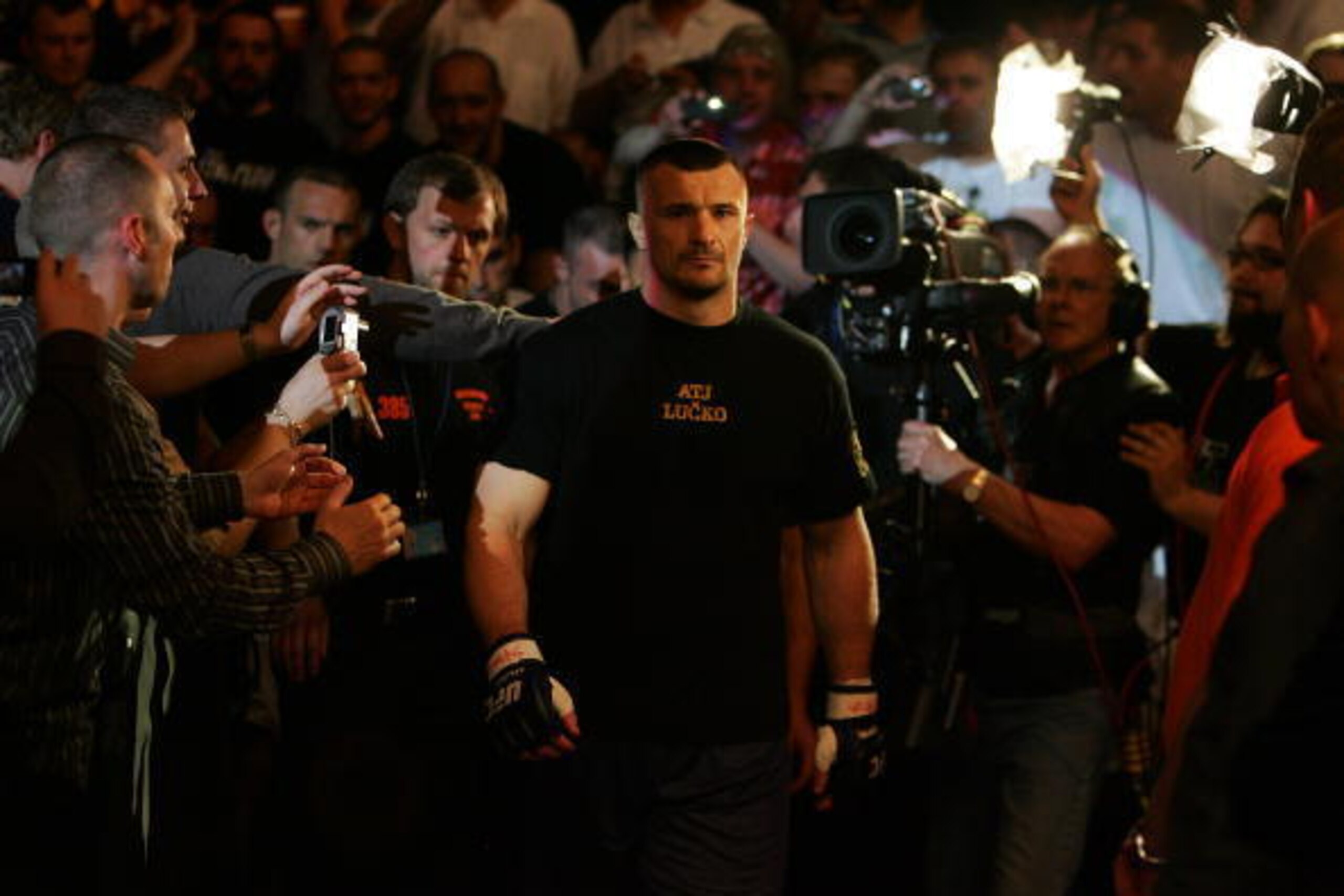 MANCHESTER, UNITED KINGDOM - APRIL 21: A pensive Mirko Cro Cop of Croatia walks to the octagon before fighting Gabriel Gonzaga of USA in a Heavyweight bout of the Ultimate Fighting Championship at the Manchester Evening News Arena on April 21, 2007 in Man