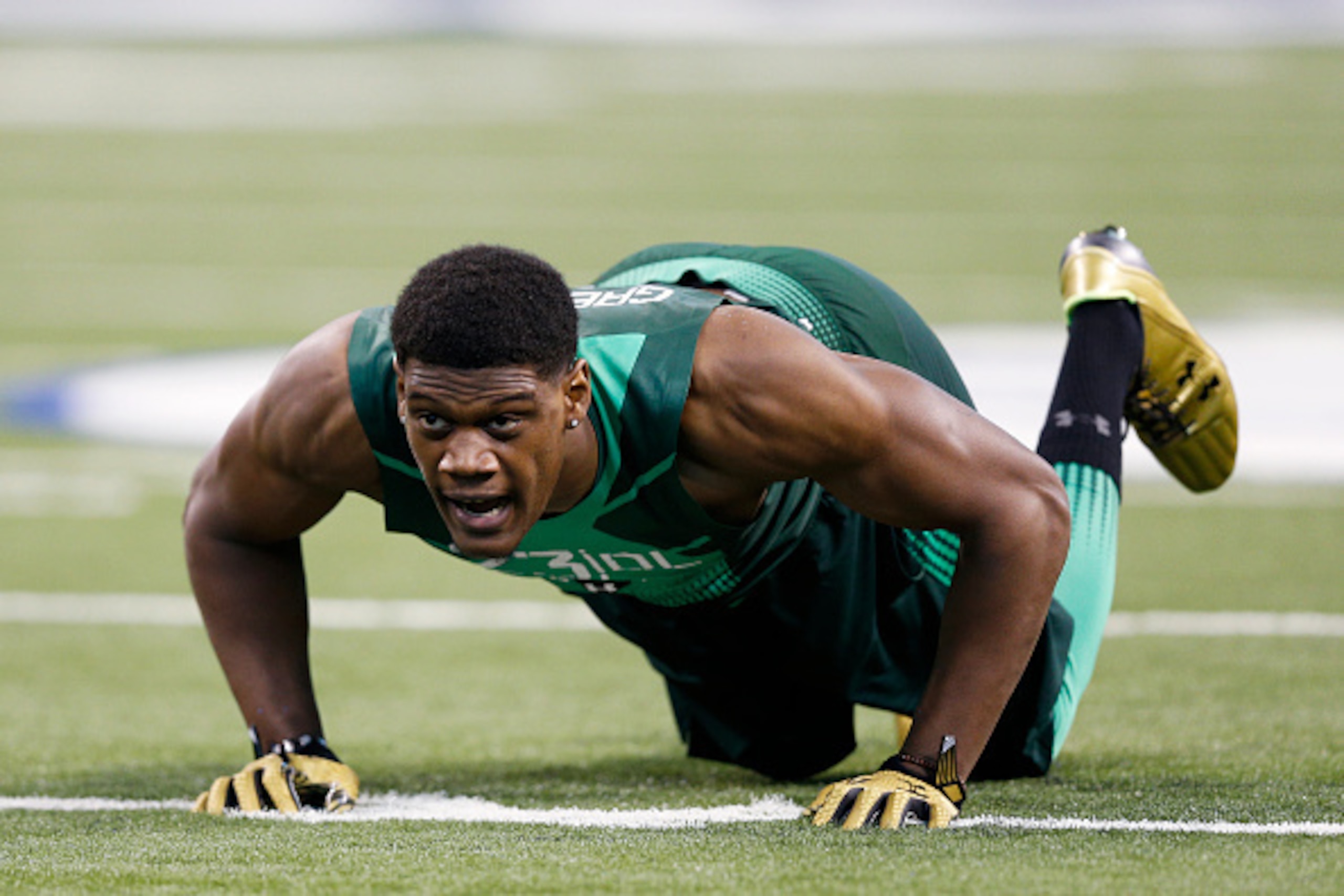 INDIANAPOLIS, IN - FEBRUARY 22: Defensive lineman Randy Gregory of Nebraska competes during the 2015 NFL Scouting Combine at Lucas Oil Stadium on February 22, 2015 in Indianapolis, Indiana. (Photo by Joe Robbins/Getty Images)