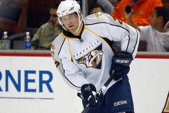 ANAHEIM - NOVEMBER 14:  Patrick Hornqvist #27 of the Nashville Predators handles the puck before the game against the Anaheim Ducks at the Honda Center on November 14, 2008 in Anaheim, California. (Photo by: Jeff Gross/Getty Images)